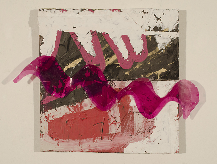 Wiggle Rosita28" x 24"Acrylic and latex paint, spackle, paper, graphite, plaster, spray paint, acetate, nails on wood2013