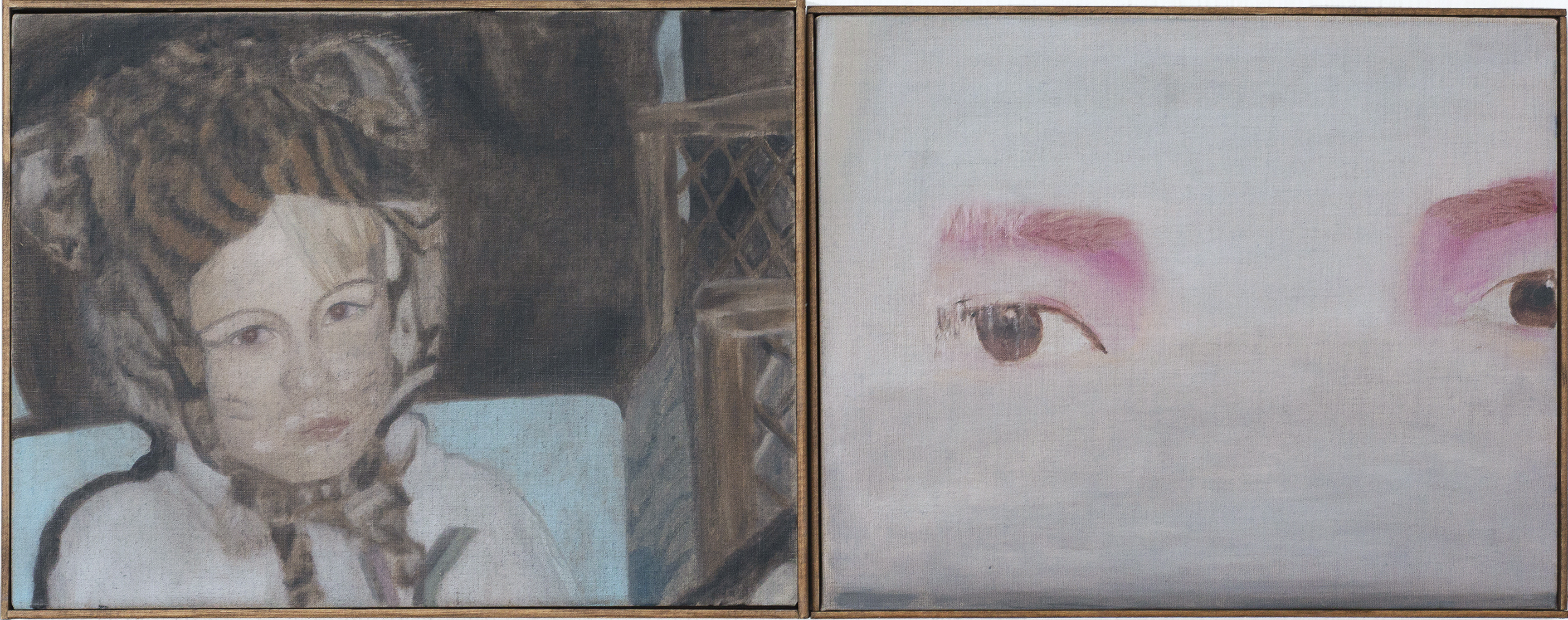 Birthday Suit – 37 x 48 cm, oil on linen, pine frame, 2025.  Angel 2 – 37 x 45 cm, oil on linen, pine frame, 2024