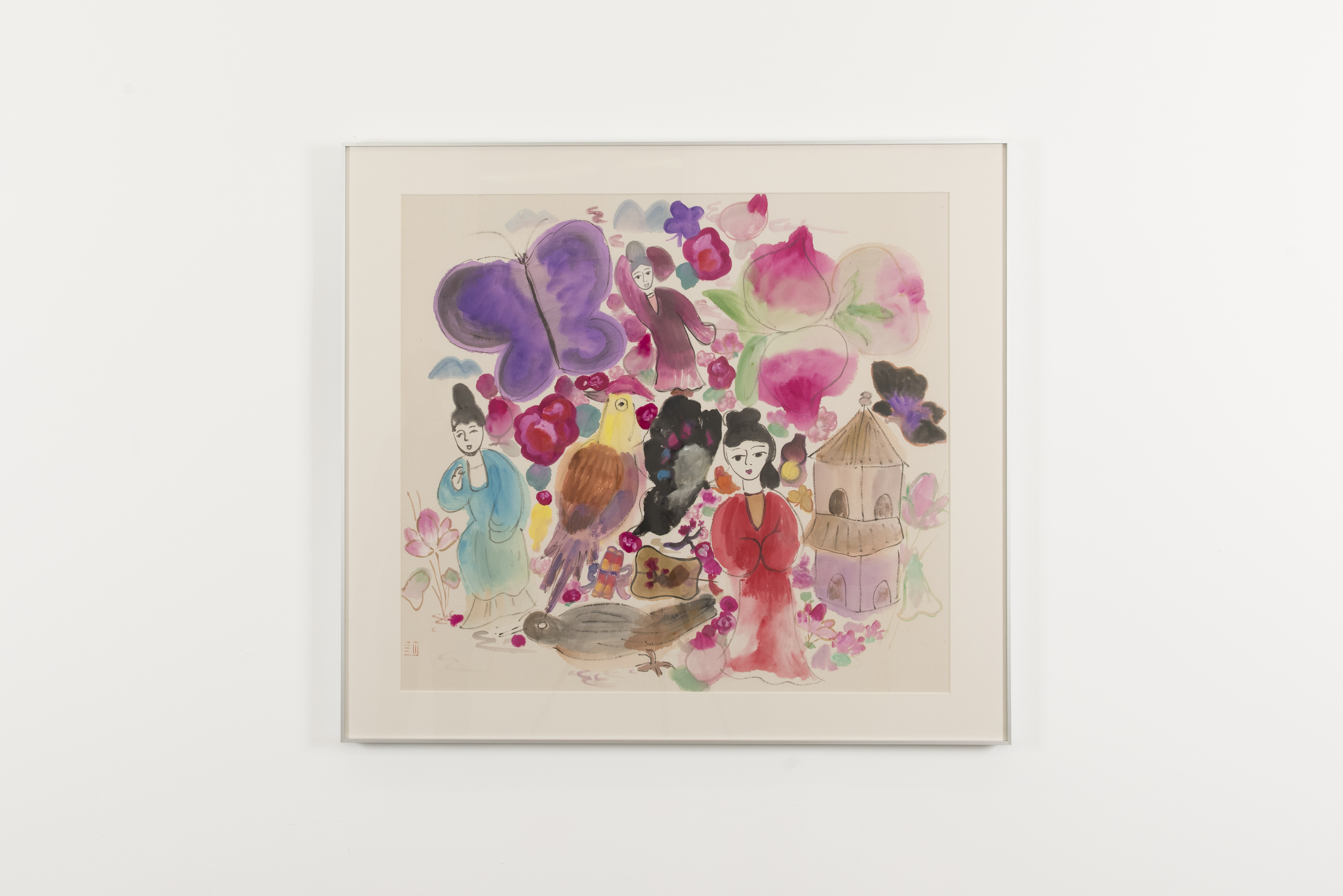 Wang Mengsha, Butterfly Chase 蝶戀花, 2023, Chinese ink & acrylic on rice paper, 35.5 x 39.5 inches (framed)