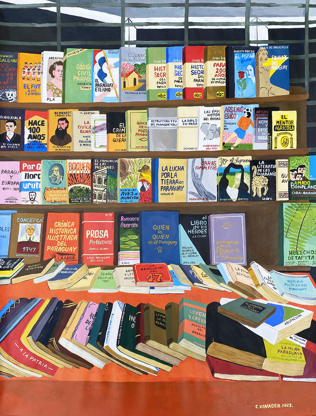 Puesto de libros sobre Palma - Acrílico sobre papel Canson, 50 x 65 cm. 2023