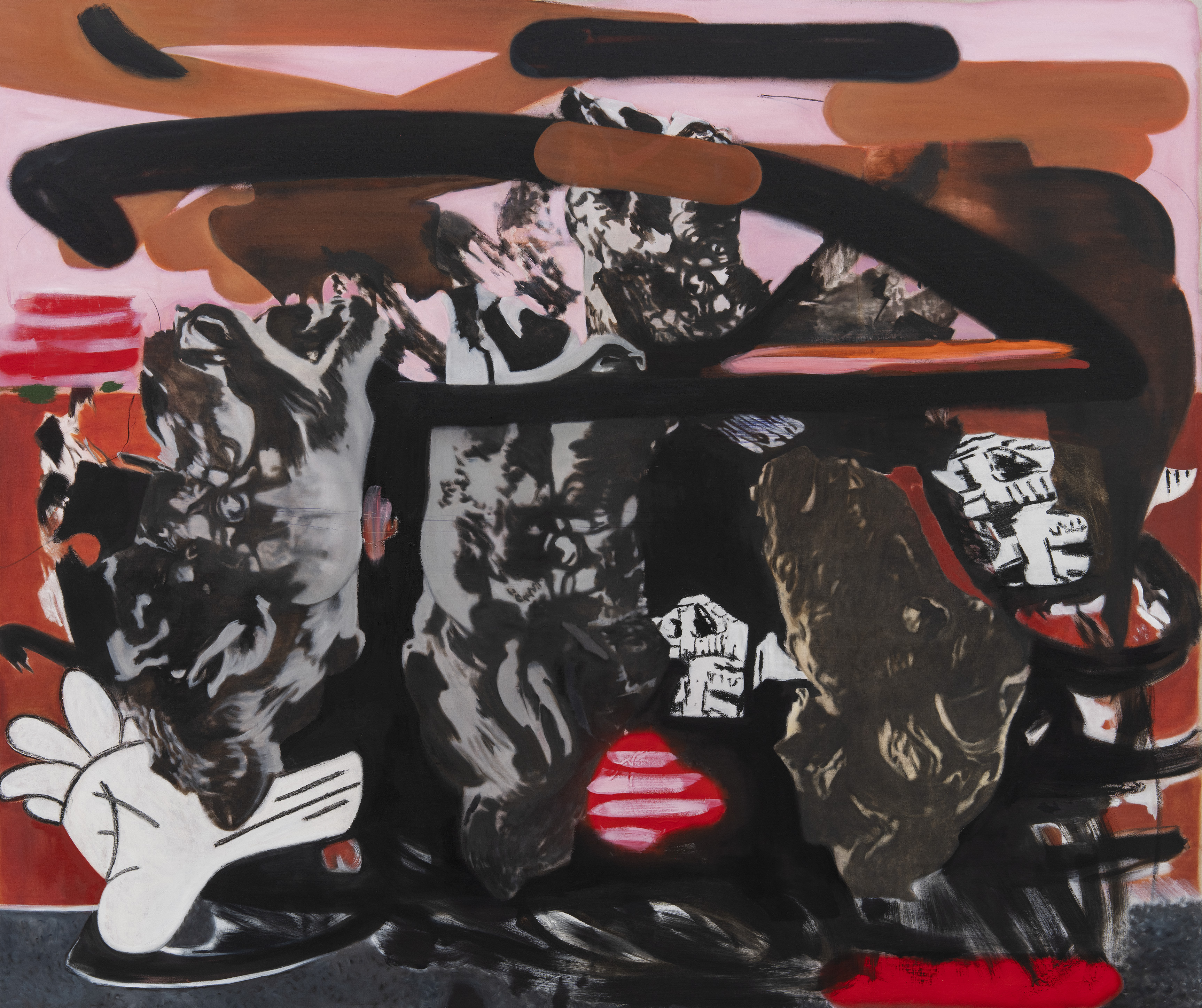 Howling Horses, 2024, Oil, oil stick, spray paint, ball-point pen and charcoal on canvas, 210 x 250 cm