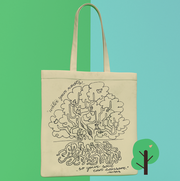 Low-Impact Life illustrated tote bag with a small tree illustration in bottom right corner