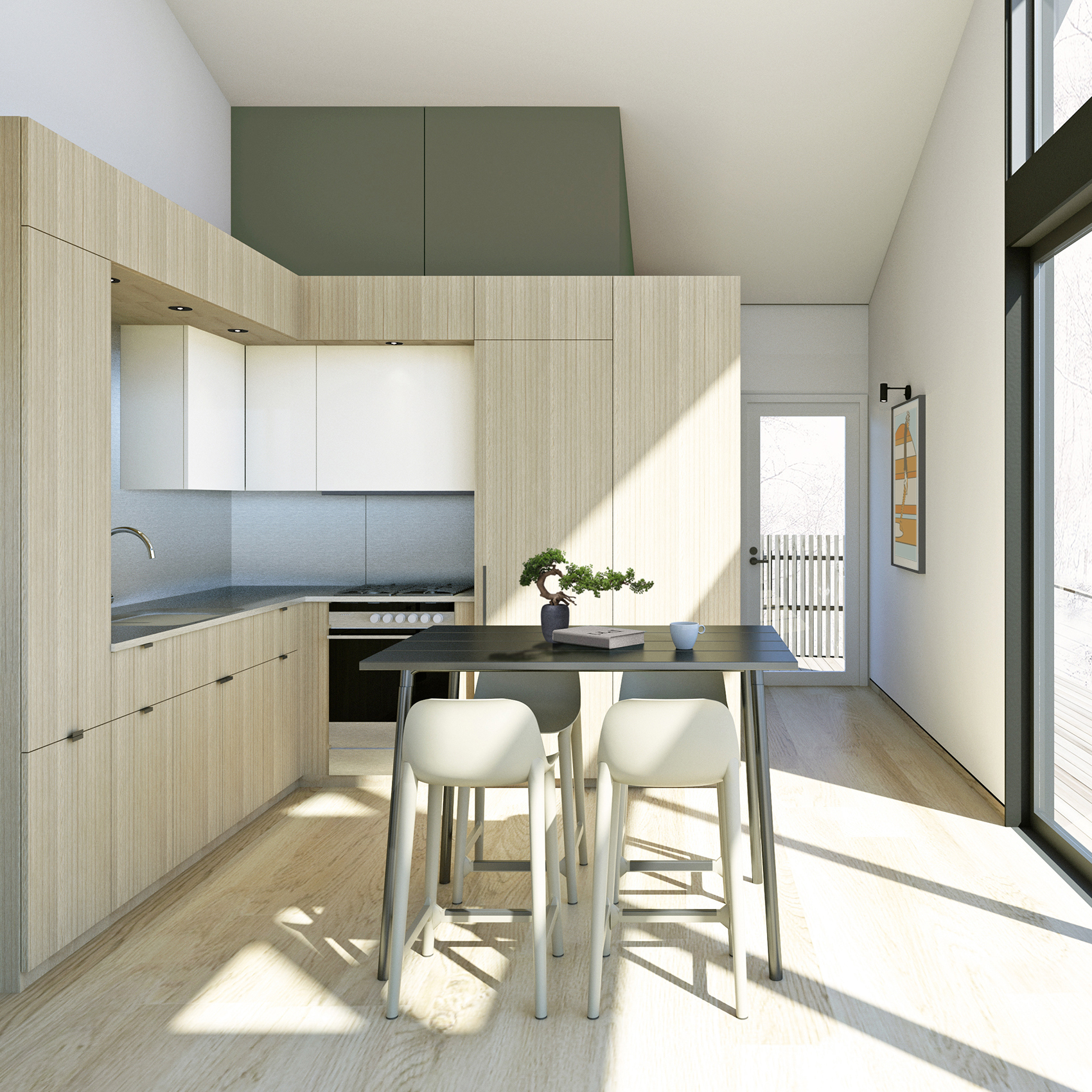 Architectural render of the River Retreat cabin kitchenette, featuring light wood-grain cabinetry, a compact black dining table with two stools, and a glass door leading to the exterior deck.