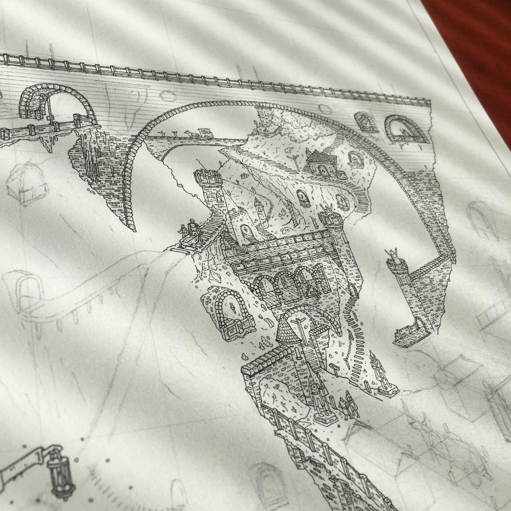 I then focused on drawing everything below the top of the bridge