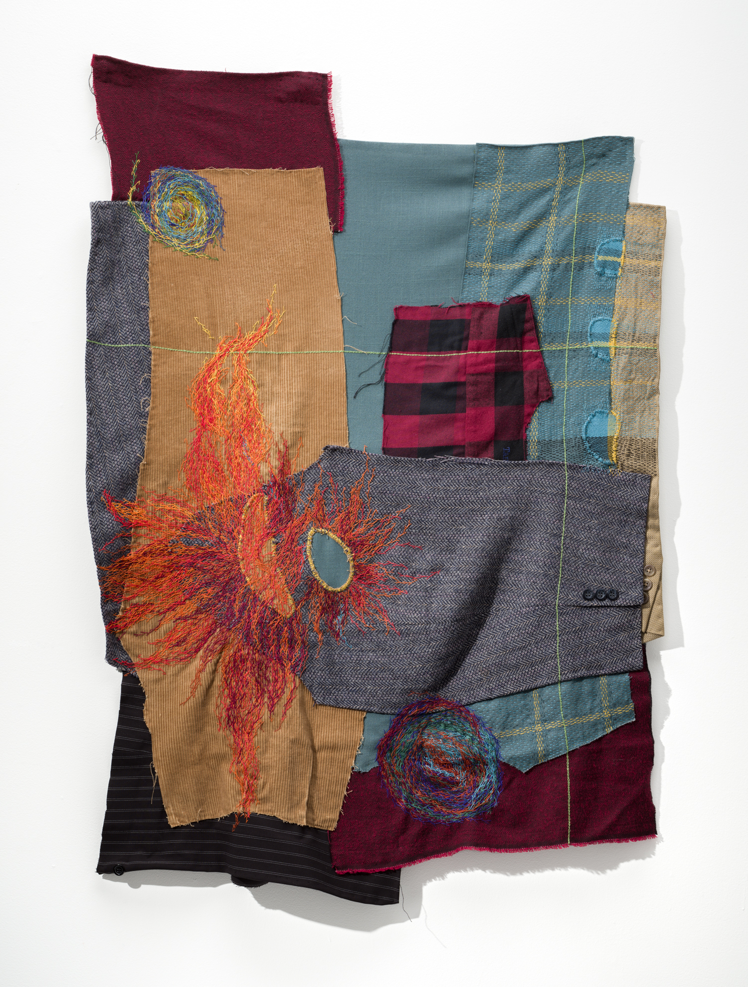 see how we are, 2023. Mending and embroidery on dissected and collaged suits. 41" x 29". Photography by Tim Thayer.