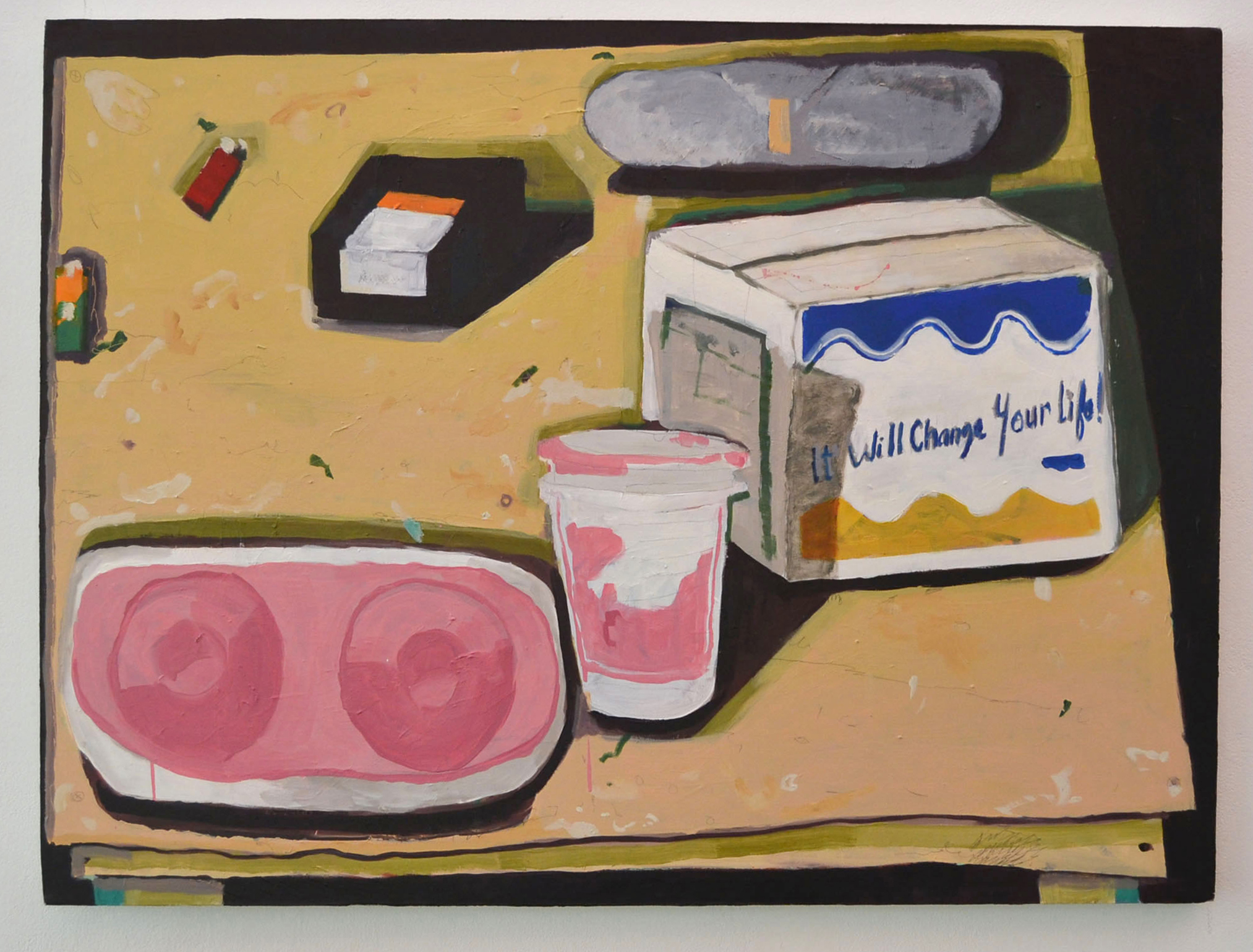 Still Life with Screws, Mold, Measuring Cups, Box, Sausage Egg and Cheese with Ketchup, and Two Lighters