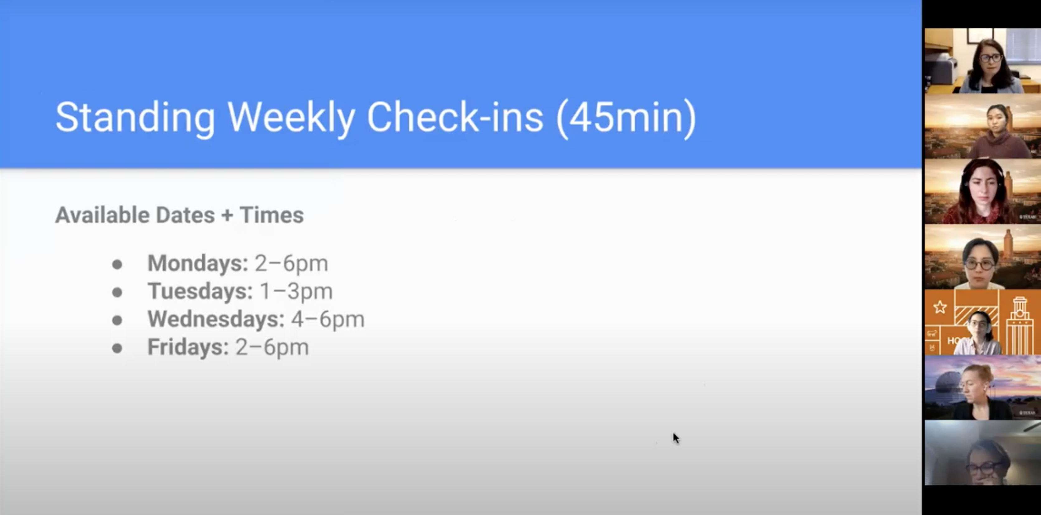 Planning out cadence for weekly check-ins with our clients