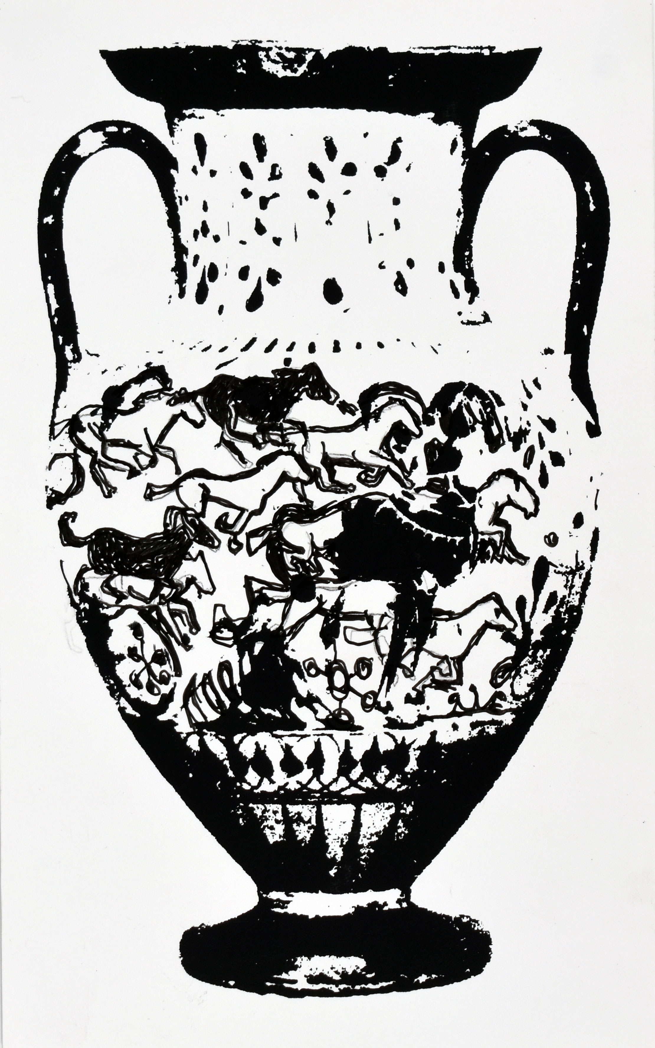 12135 (P.DR.02) A: Warrior Between Scythian Archers. B: Warrior Departing (?), Chariot, Athena (?), Screenprint and acrylic drawing on paper, 9.5 x 5.75 in., 2024