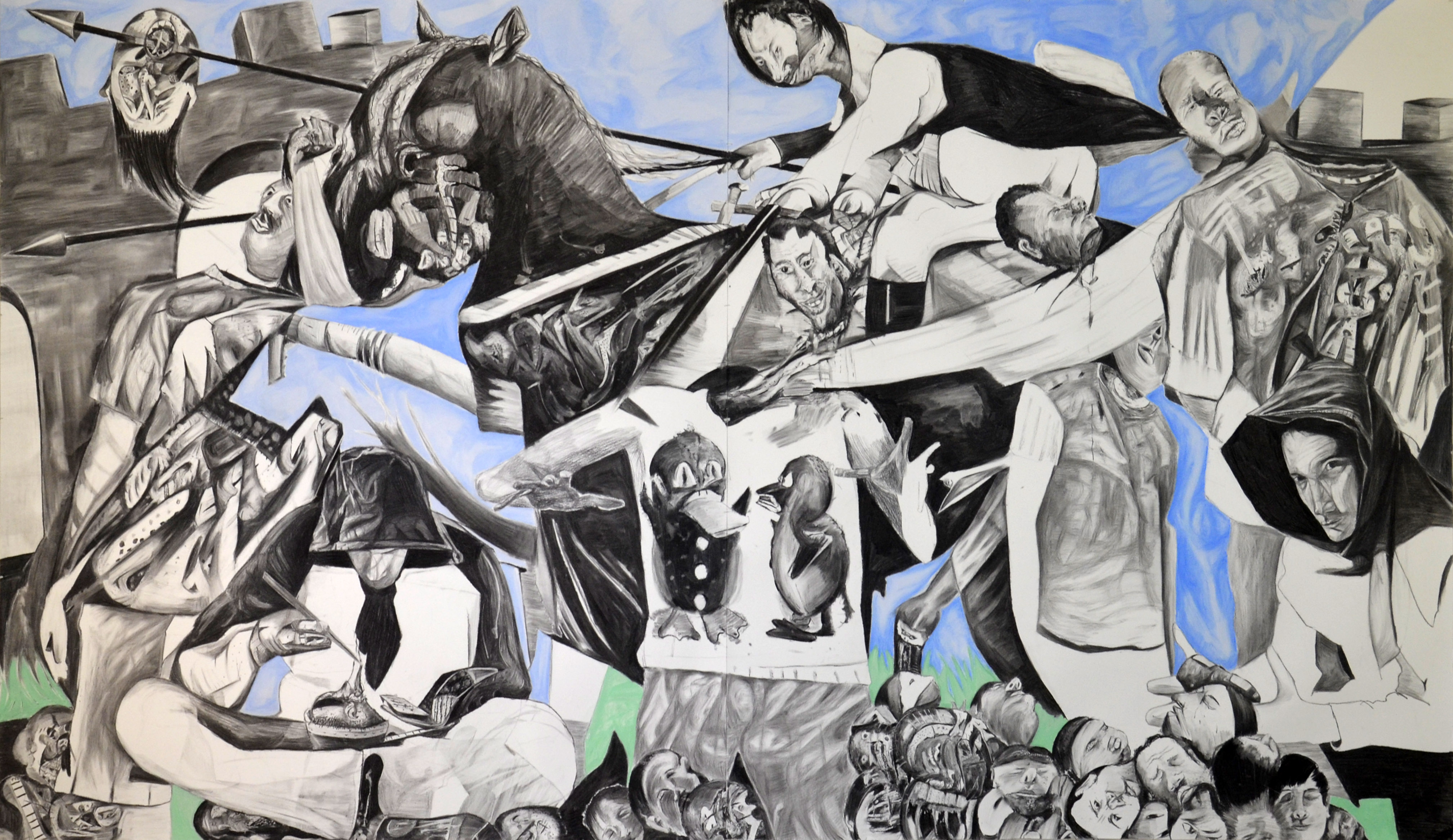 "Heads Will Roll", 2024. Pastel and charcoal on paper, 160 x 300 cm