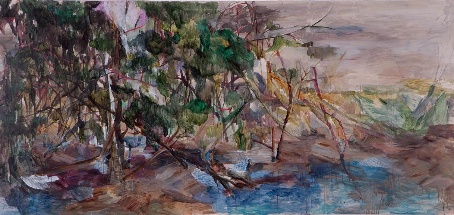  비워지는 시간  acrylic, gouache on Korean paper 145.5x336cm 2017