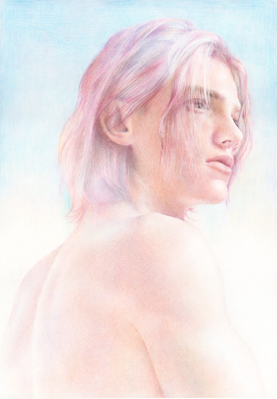 Pink + White, 2021Colored pencil on paperModel: Martijn Faaij