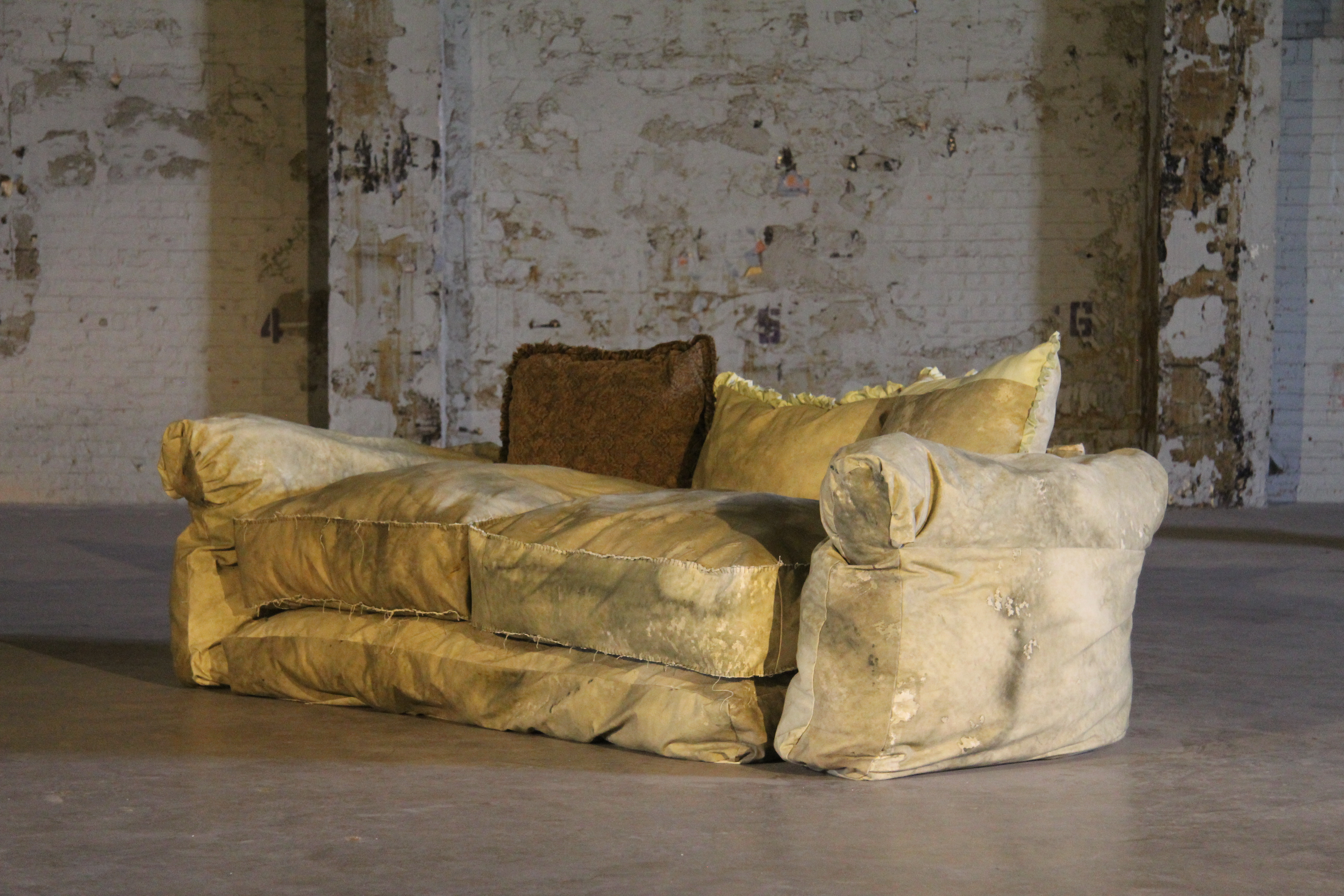 Couch (Home), acrylic, thread, canvas, found fabric, fiber fill, 48 x 80 x 40 in., 2022