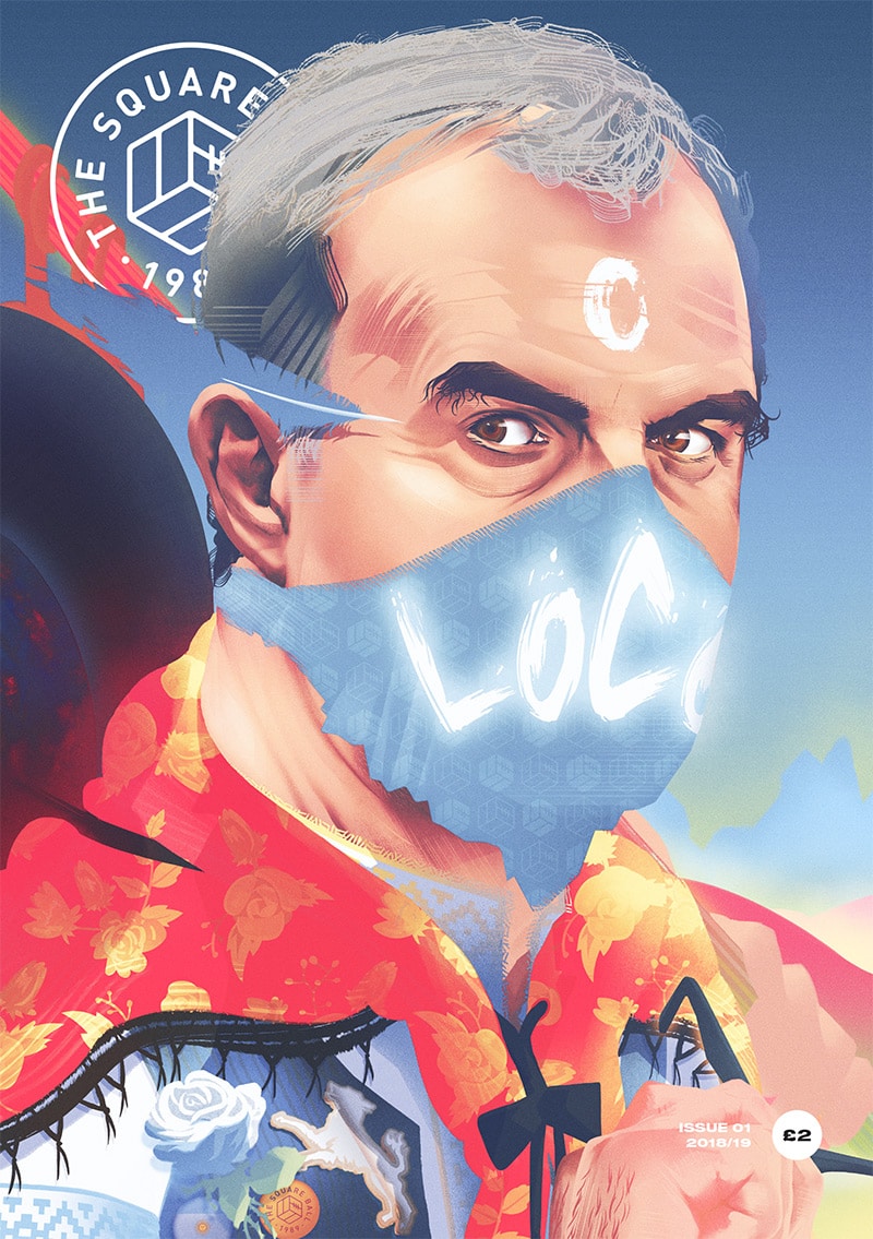 A digital portrait of Marcelo Bielsa for the Square Ball by the artist John Tregoning. An illustration of Bielsa as El Loco. Drawn in Procreate.