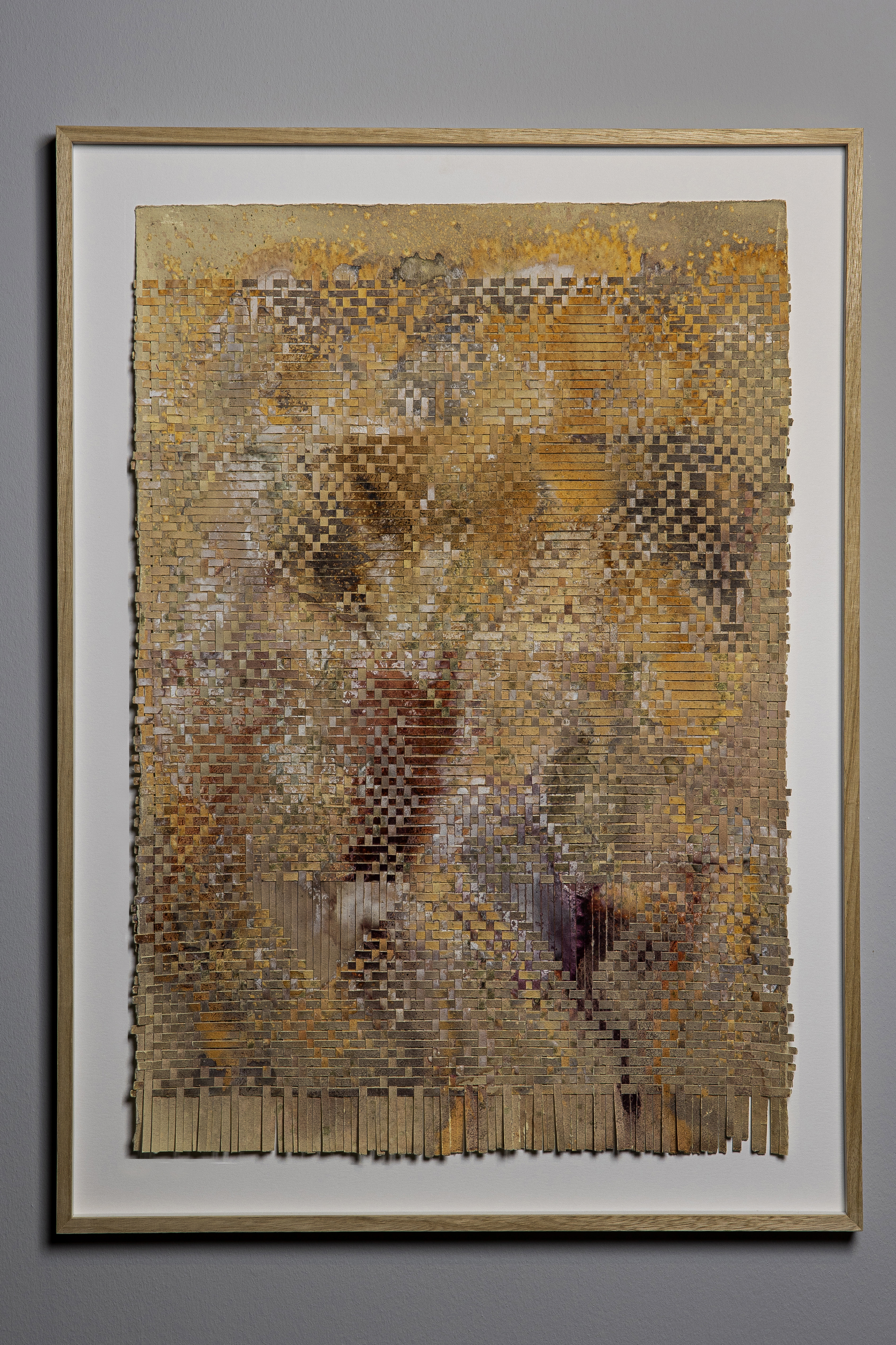 Ray of Light 02, woven painting, cotton paper, natural inks from madder, safflower and mulberry 25.5’’x 35.5’’ (framed), 2021