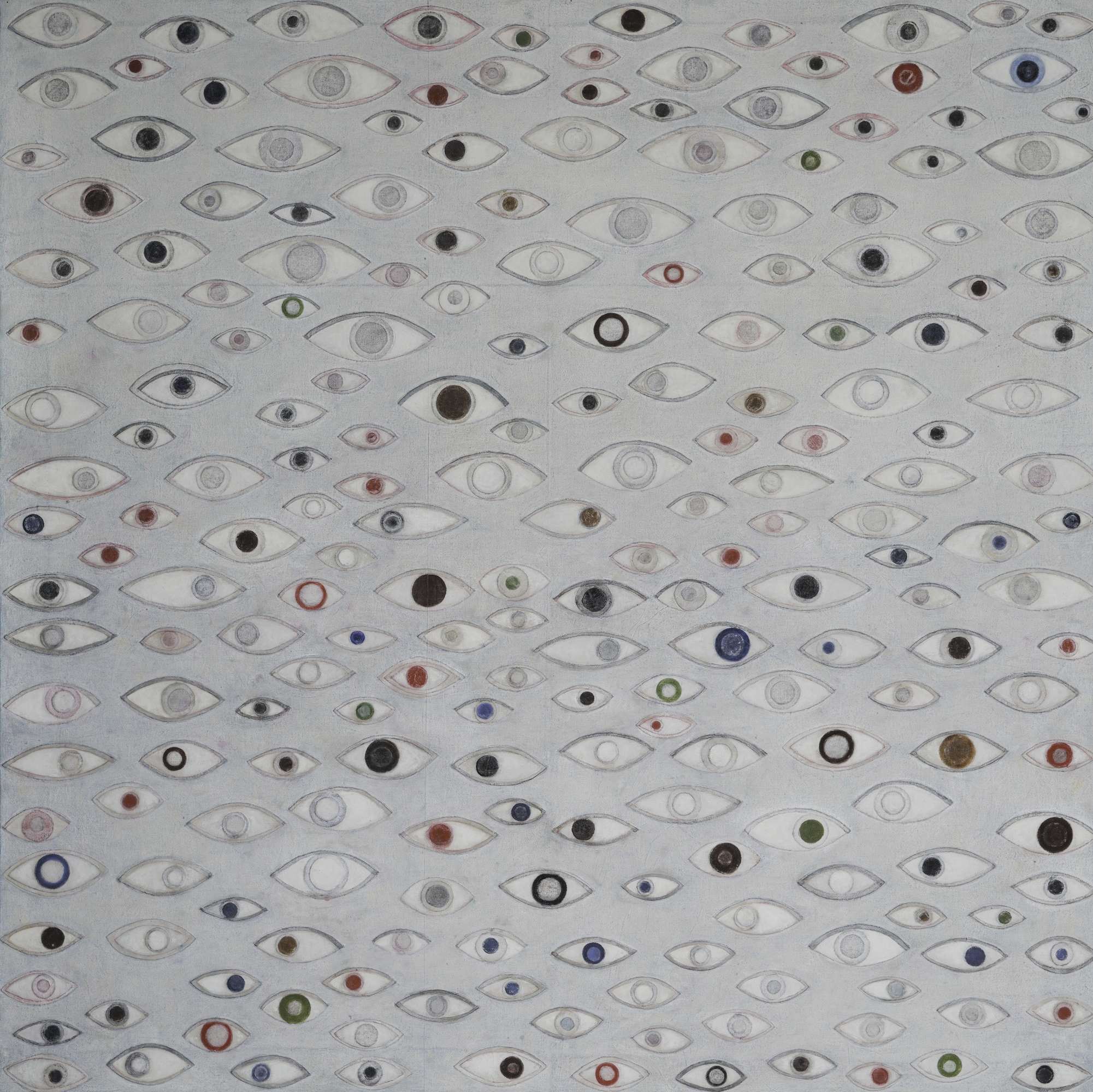  Eyes Wide Open, 2019 . Color pencil, oil and oil pastel on cloth and canvas . 150 x 140 cm