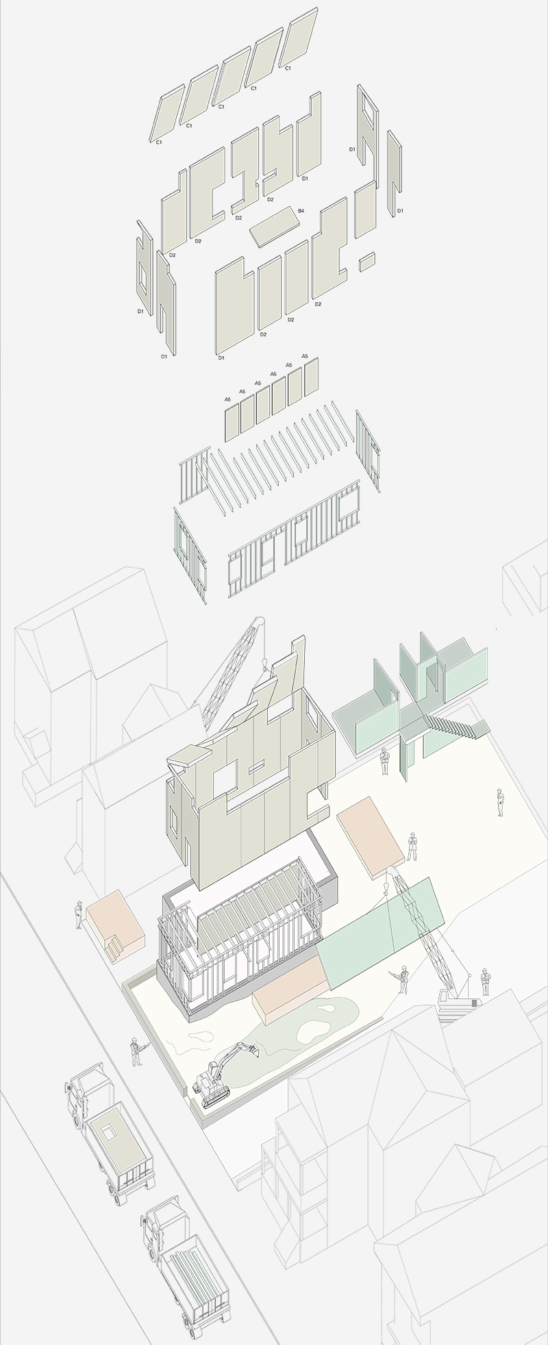 Axonometric view of building sequence