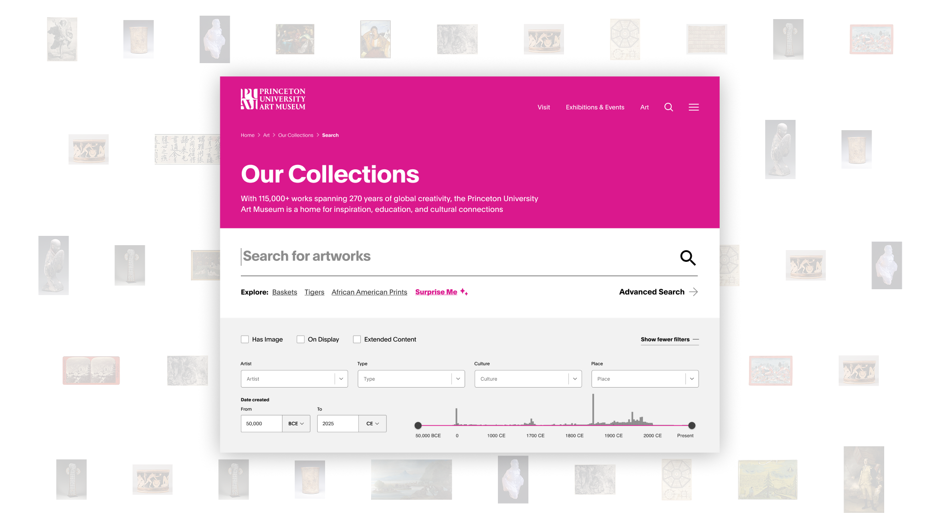 A user-friendly collection search offers powerful ways to explore PUAM’s collection of over 117,000 works