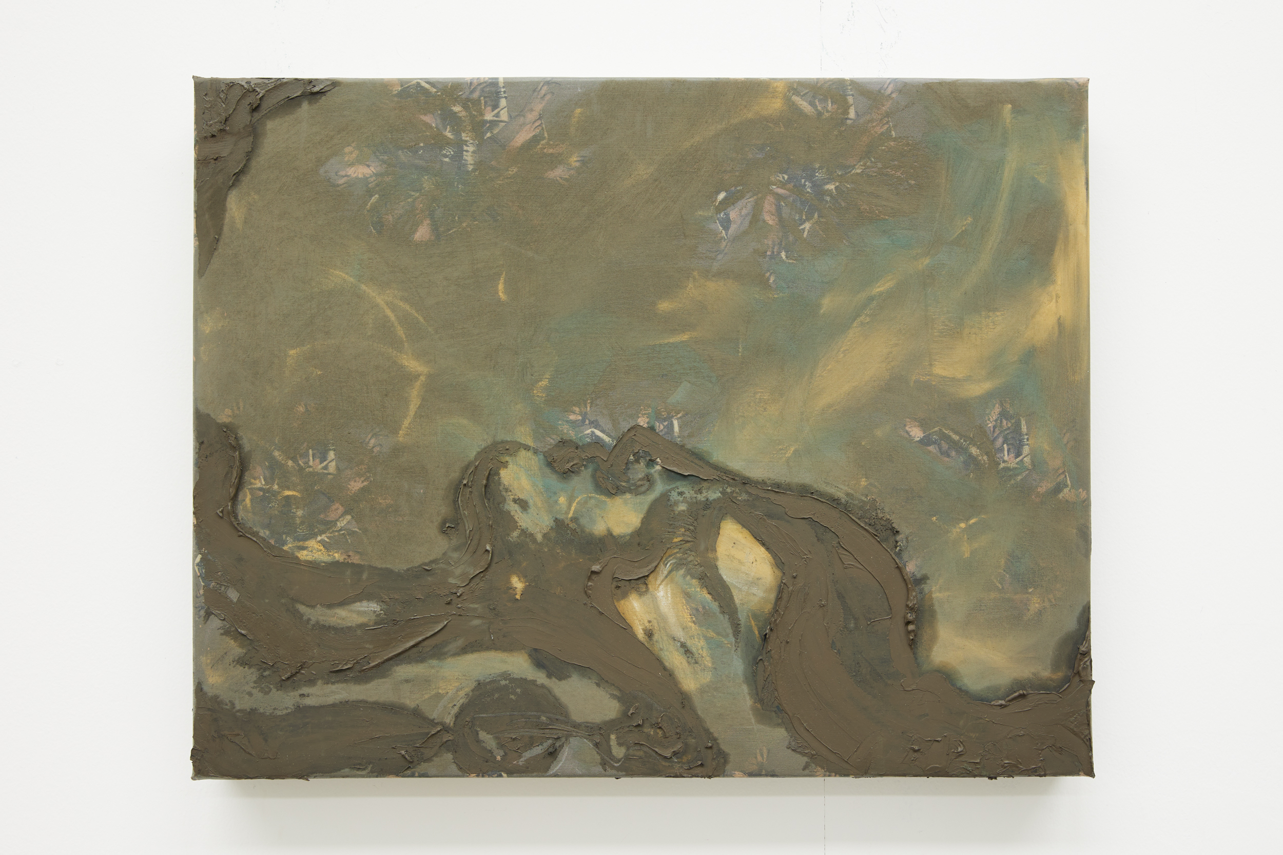 dark green painting of a face that looks like a landscape, on top of a green and yellow ochre background where collages of hands are seen but mostly obscured