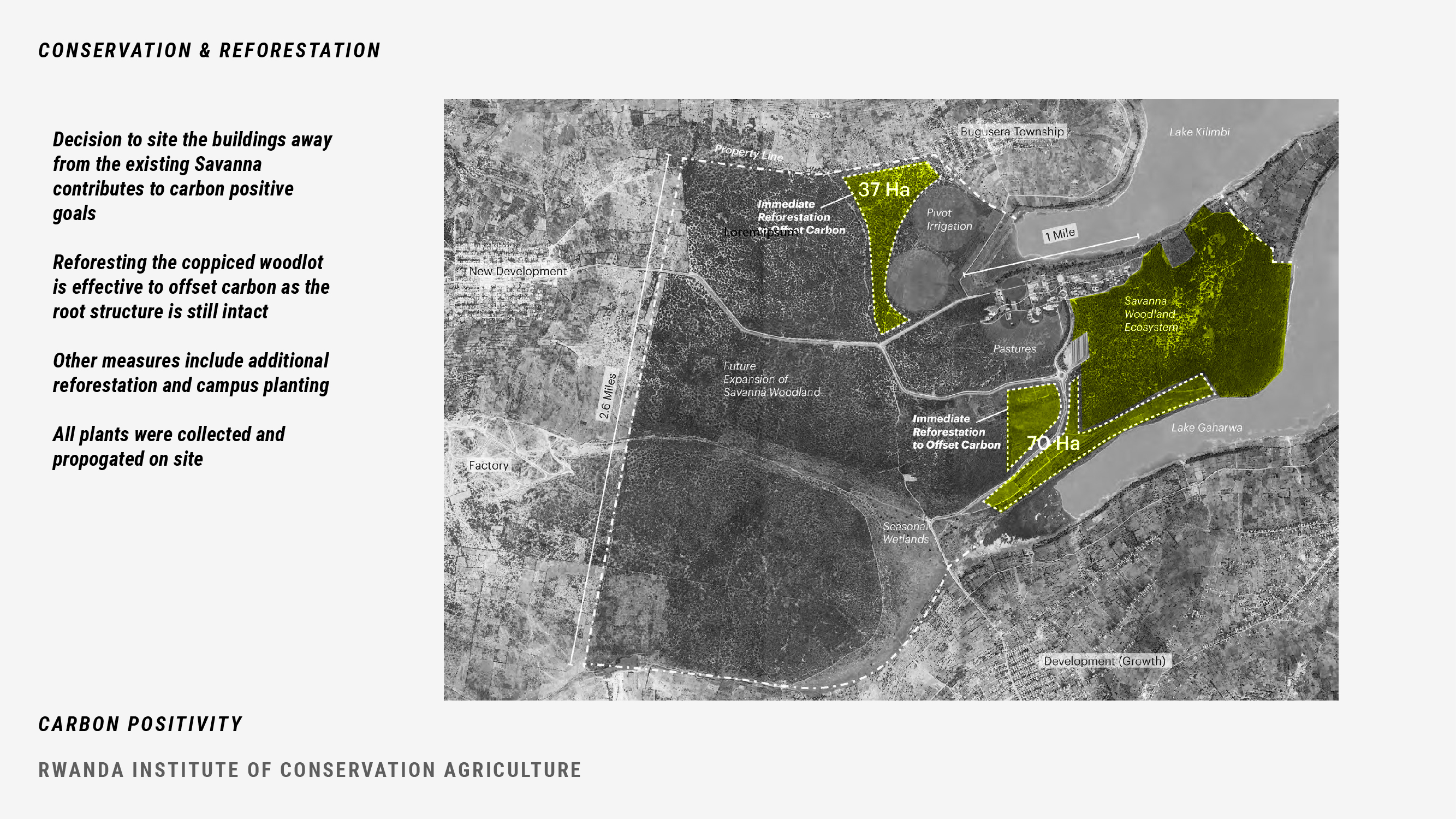Figure 20. The project was sited to minimize its carbon impact, requiring an understanding of the carbon emissions of each distinct type of landscape on the project site (MASS Design, 2020).
