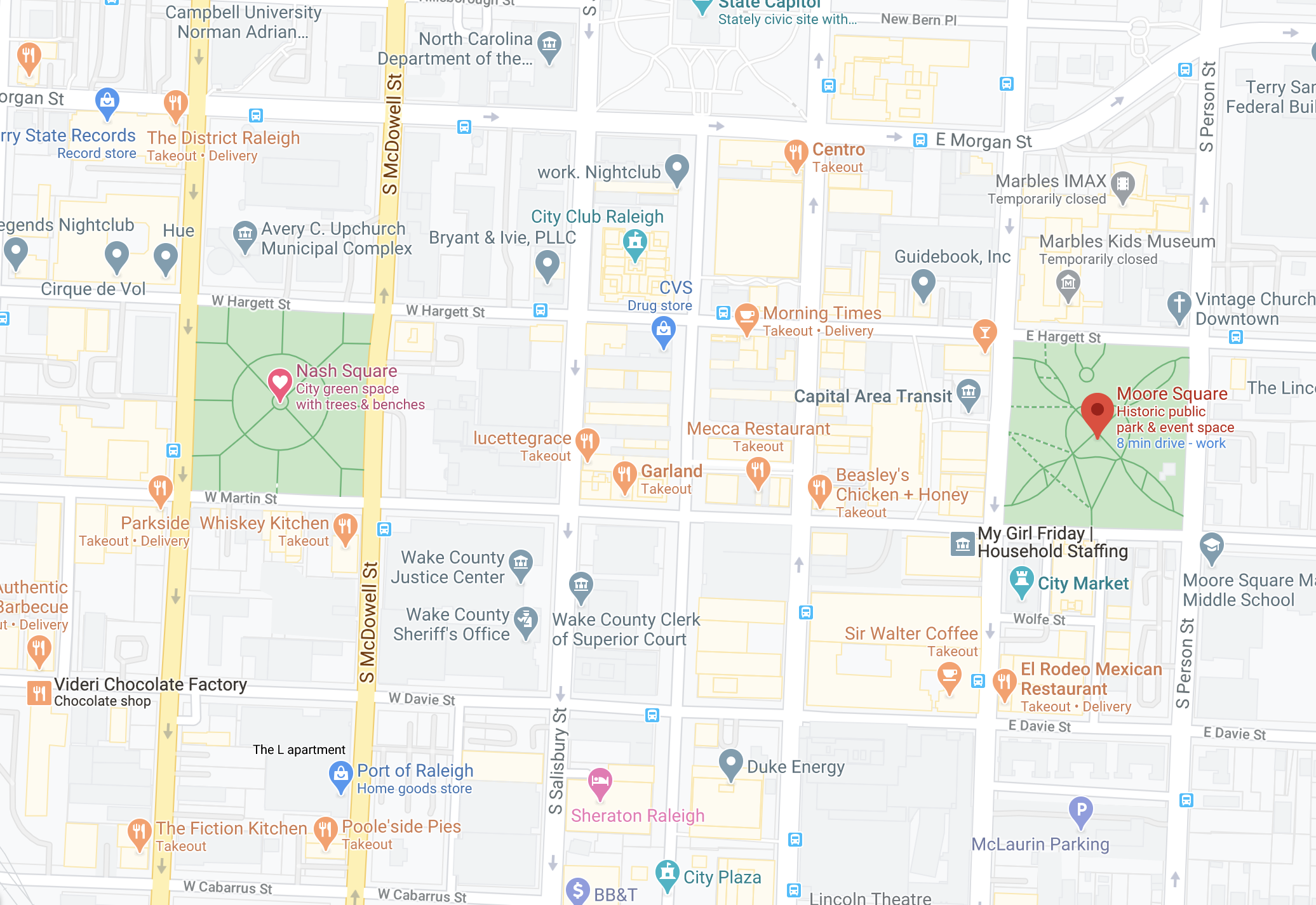 Map of downtown Raleigh: the two squares