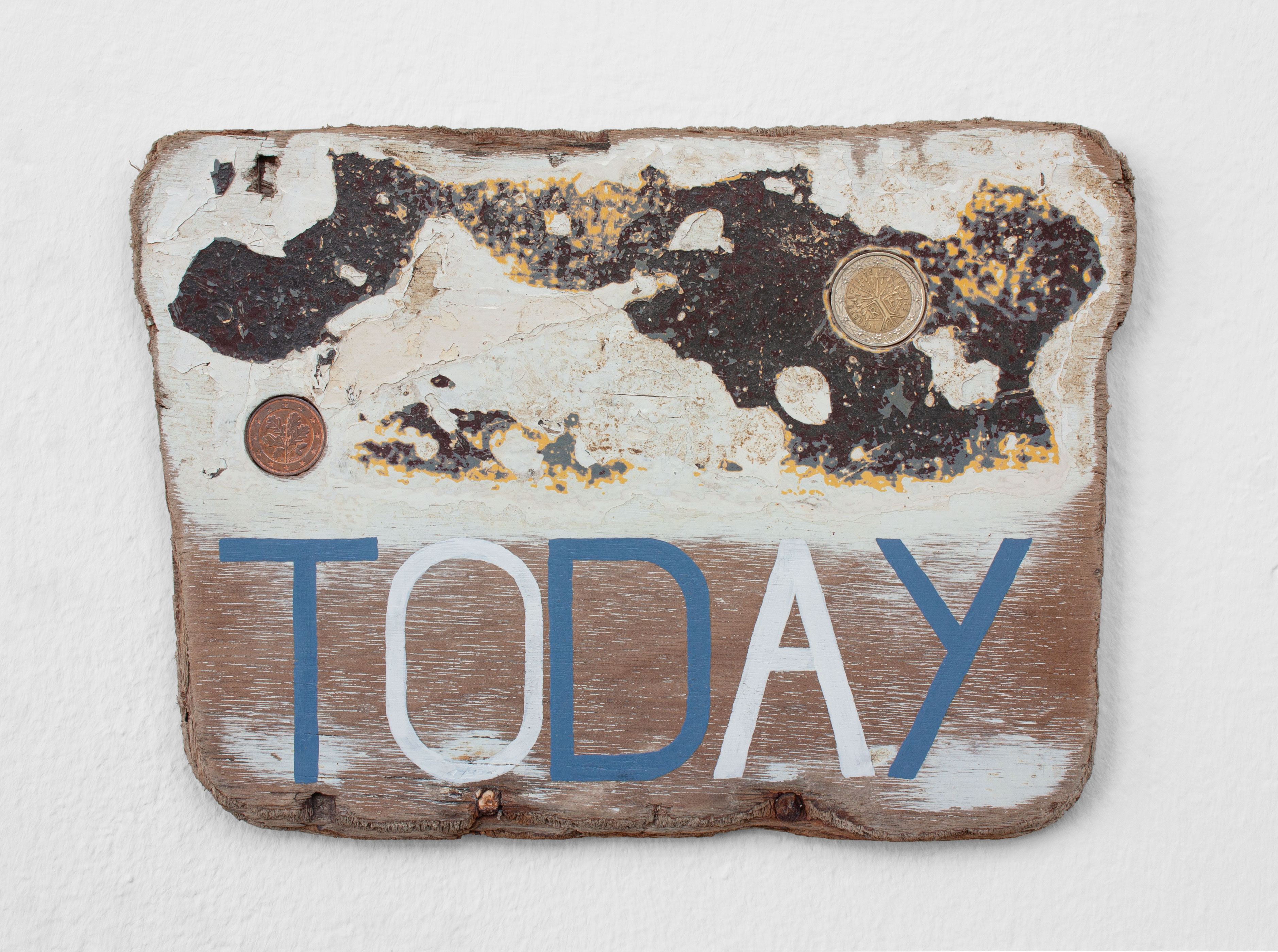 Today, constellation, 2022  Oil, coins, wood  30 x 24 x 2 cm