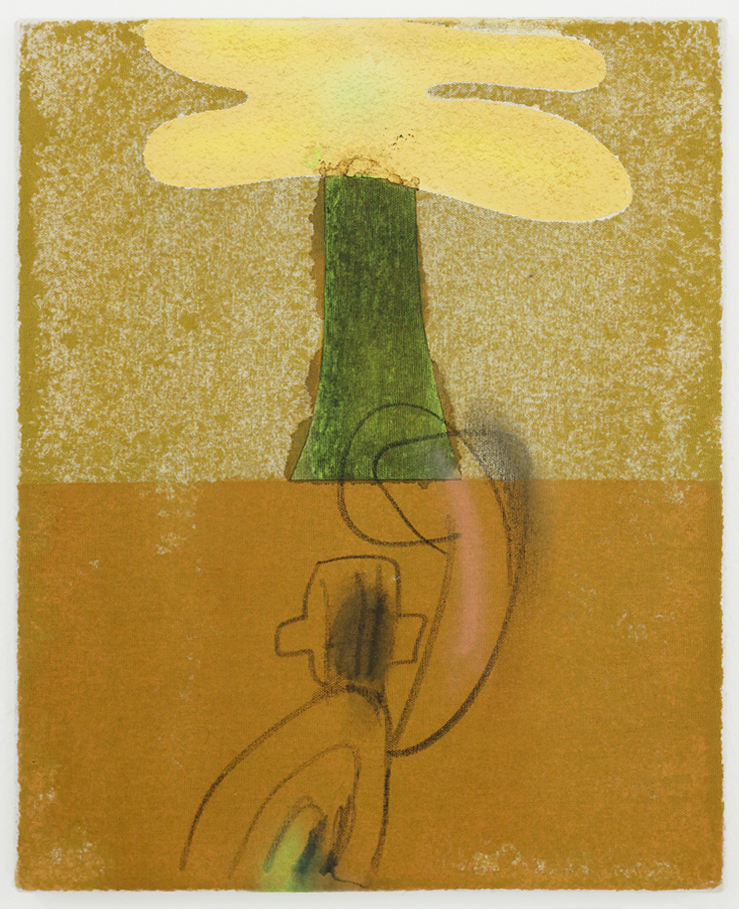 Punching a Tree, 2023 Acrylic, aquarellable pencil and sawdust on linen 31 x 25 cm