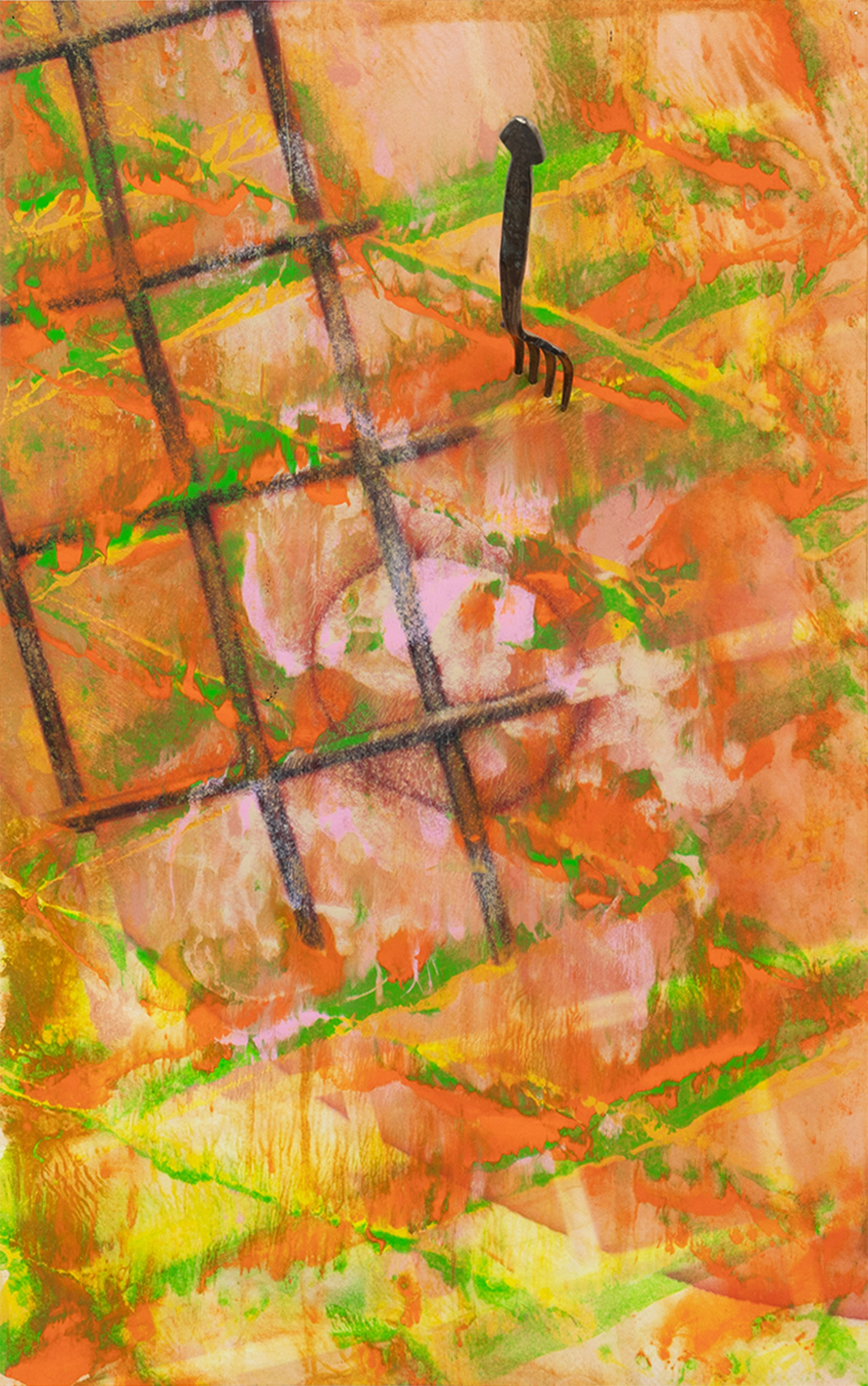 Nipple, 2021, Metal Fork and Oil on Digital Print, 40x25x16.5 cm