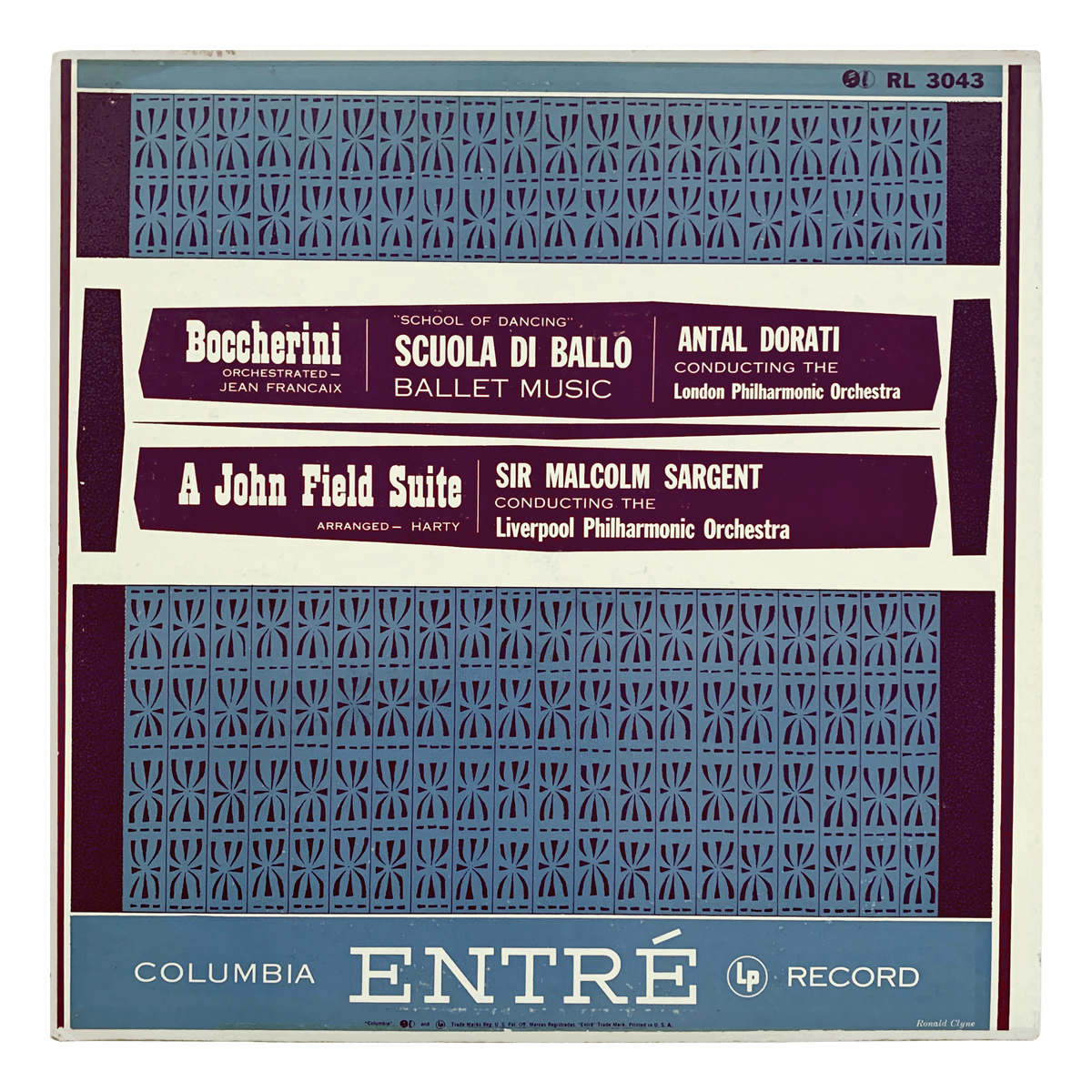 Columbia Entré RL 3043 Luigi Boccherini / Jean Françaix - Scuola di ballo | Hamilton Harty - A John Field Suite London Philharmonic Orchestra - Antal Doráti | Liverpool Philharmonic Orchestra - Malcolm Sargent Design: Ronald Clyne (credited)
