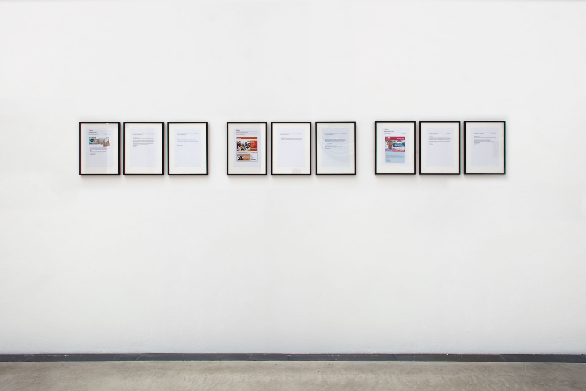 Answers 1–7, 2015, digital print, each 29,7 × 21 cm, installation view HfBK Dresden, 2015