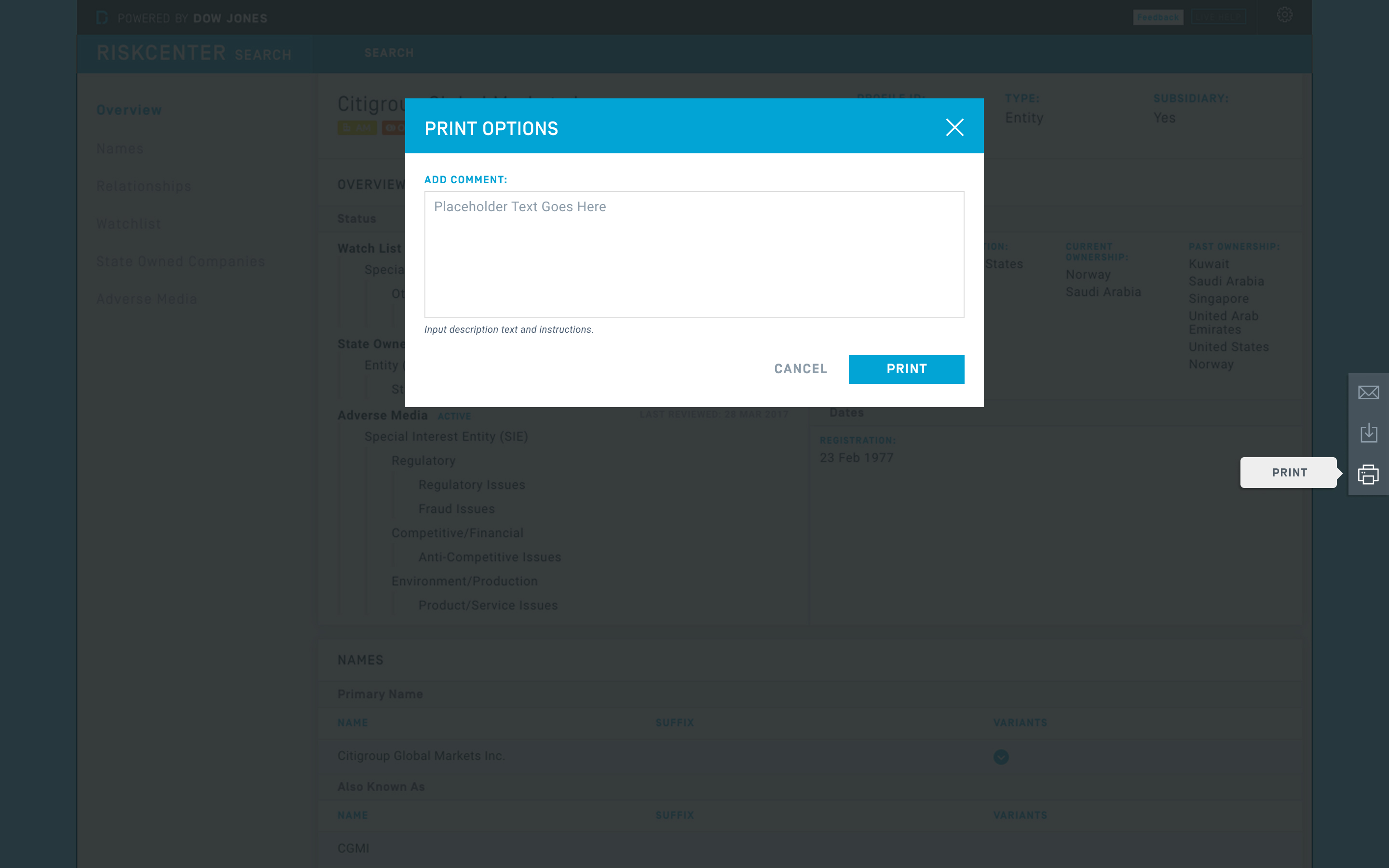 RiskCenter Search: Share Options (Print)