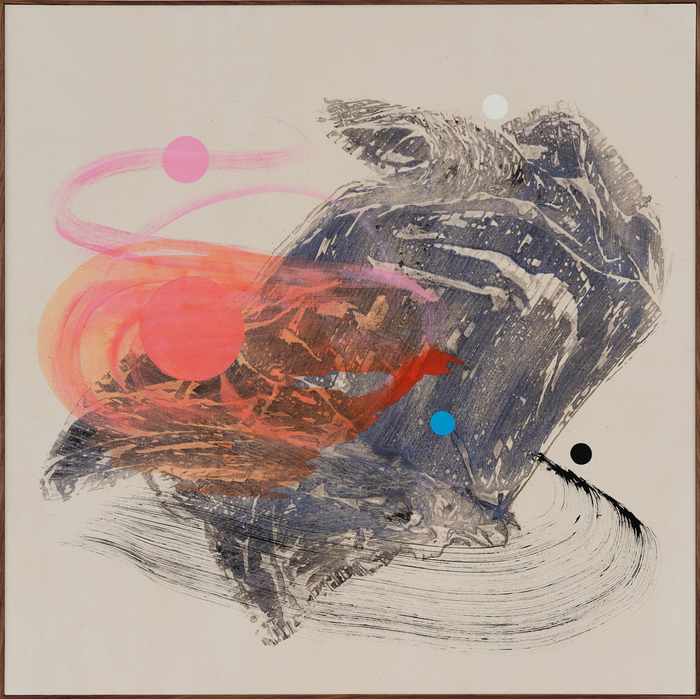 Parallax, 2022, acrylics on canvas, walnut frame, 154 x 154 cm