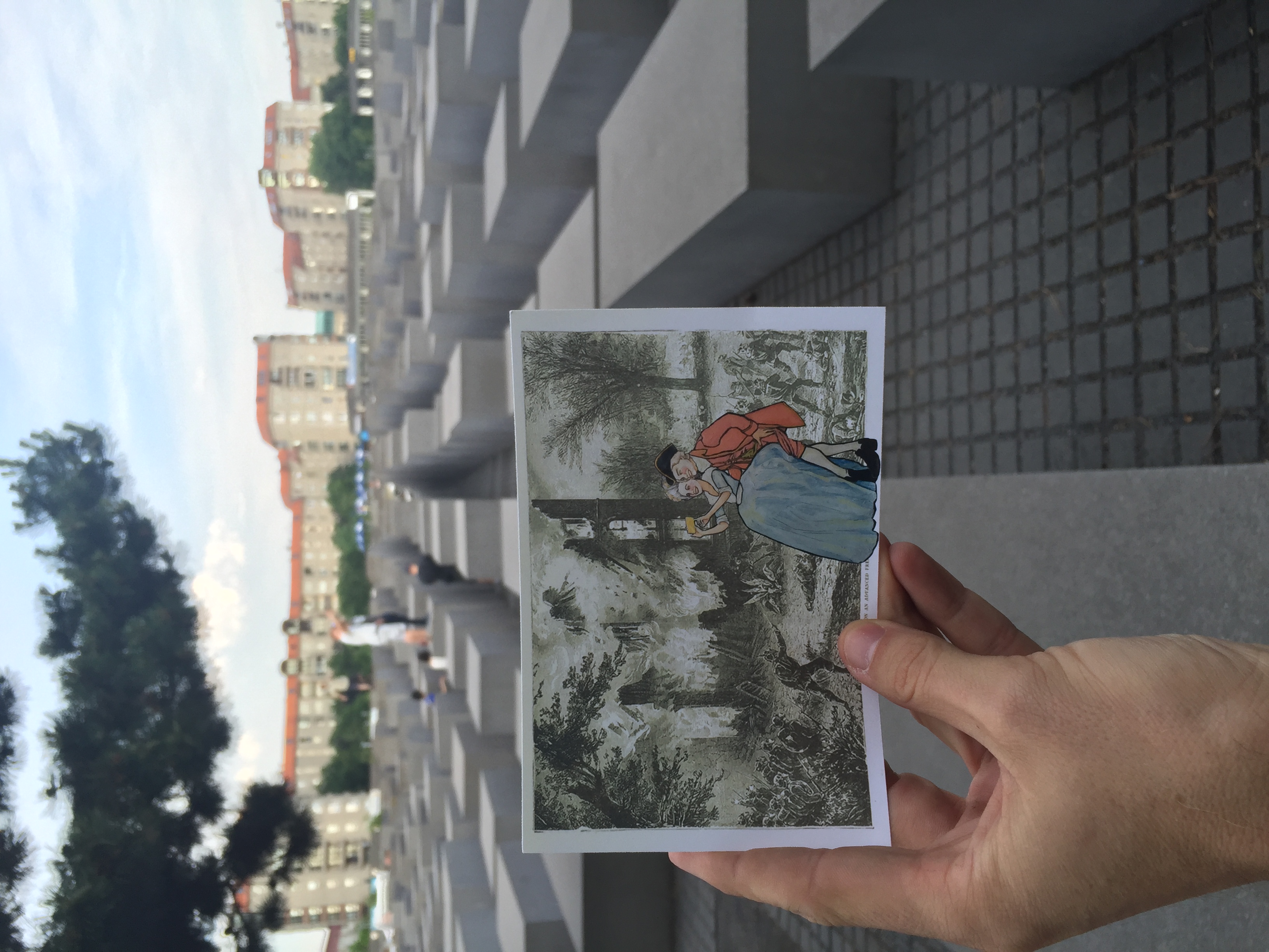 I immediately thought of Allegra's card when I visited the Memorial to the Murdered Jews of Europe today because after sitting and watching people interact with the site I realized it's very odd that the first thing people tend to do at this huge memorial is take selfies (you can see two dudes doing just this in the background)- many, many selfies. I've seen so many of these selfies on hook-up apps-Grindr, Tindr, etc. so strange. 