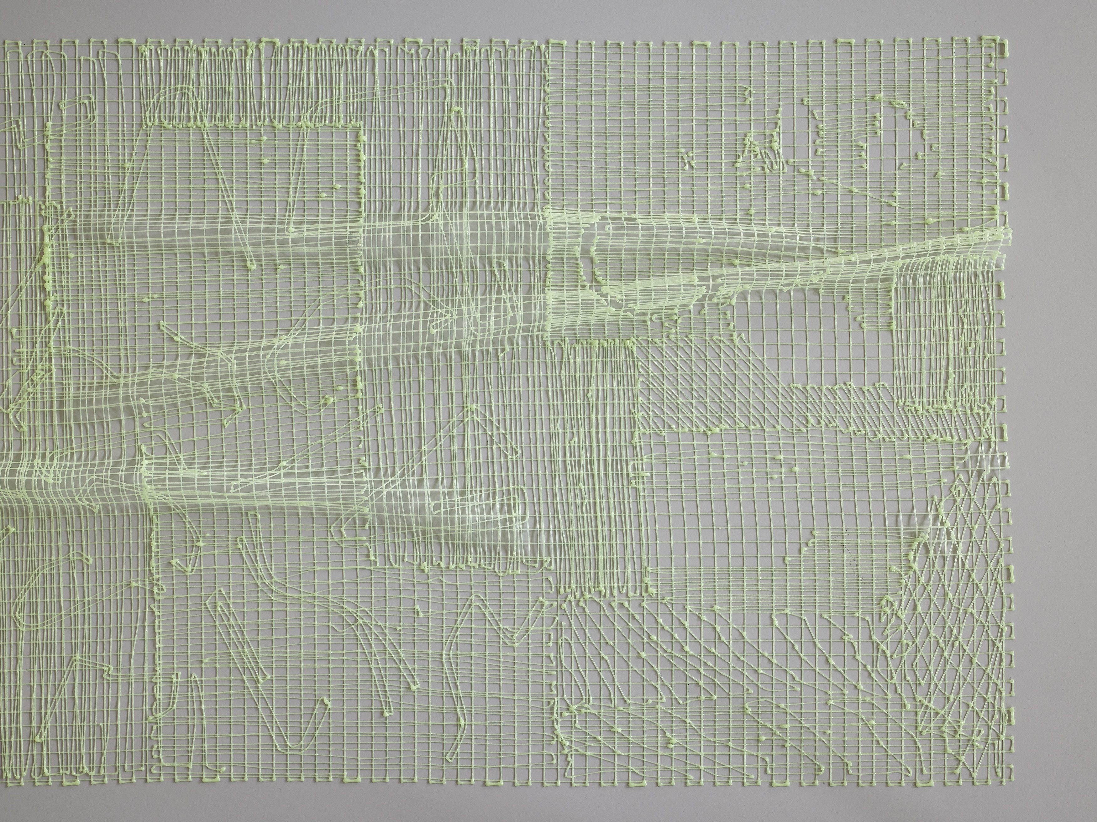 STÉPHANIE BAECHLER, Clay As Thread, 2019 Silicone embroidery (Hypertube); glows in the dark