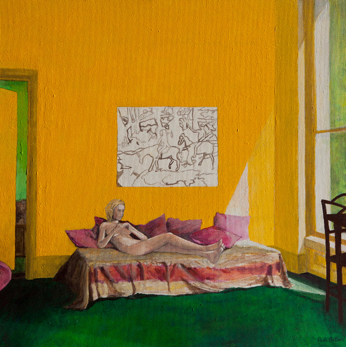 "Yellow room with painting and naked woman ". Acrylic on canvas , 50 x 50 cm / 19.7 x 19.7 inches