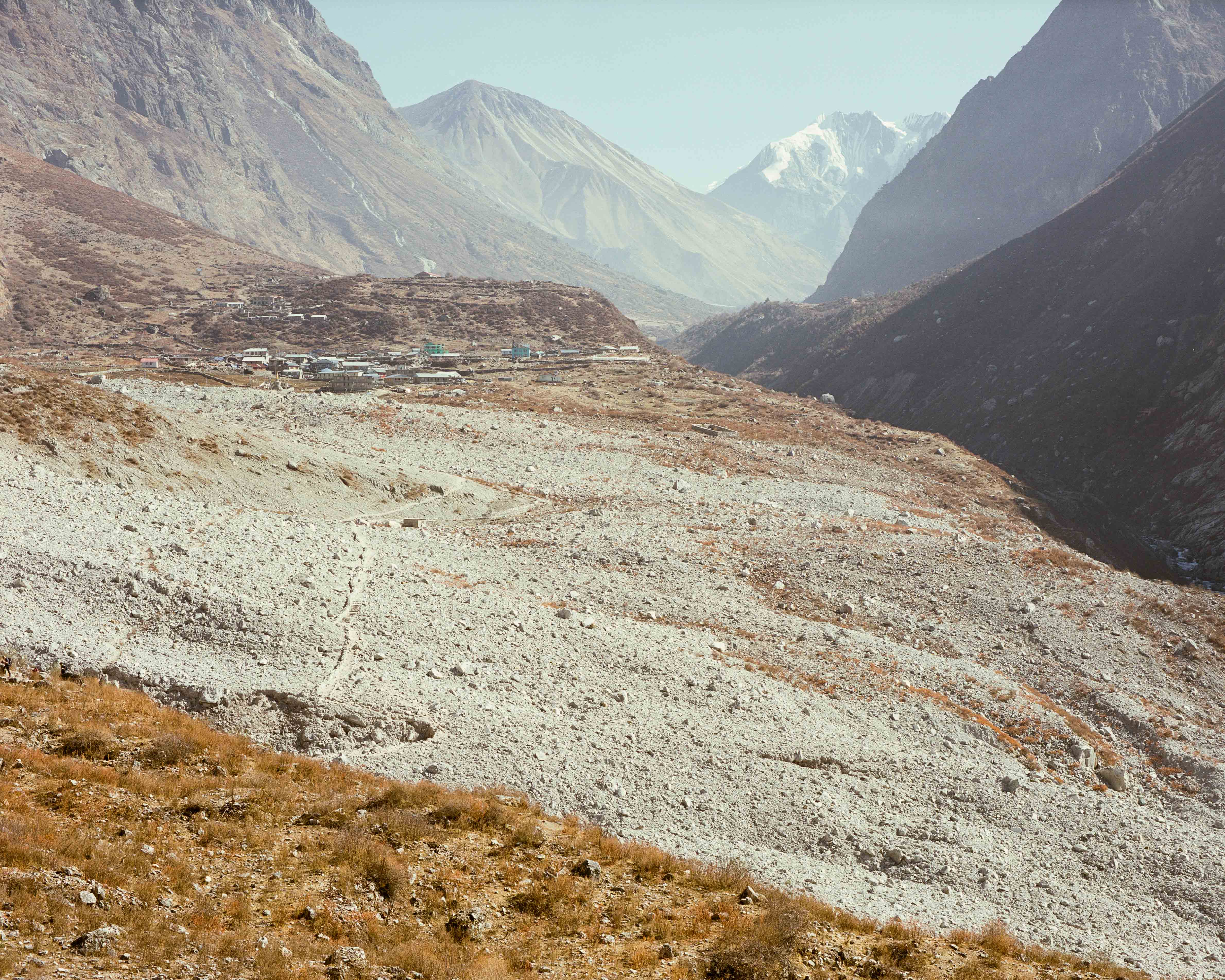 The rubble, stone and dust are all what is left of Langtang village. The avalanche destroyed everything in its path. 