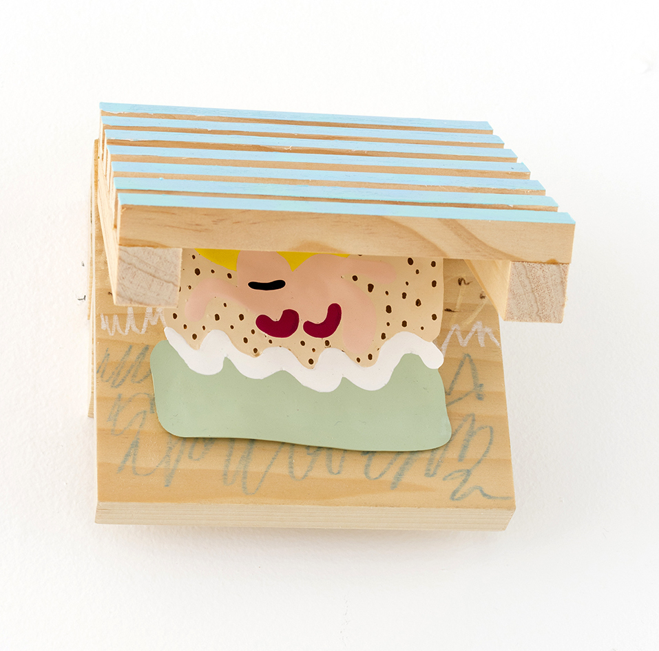 Tar Sand Sun Tan, 2018, 6” x 5.5” x 6” Pine, acrylic, prismacolor pencil, foil paper