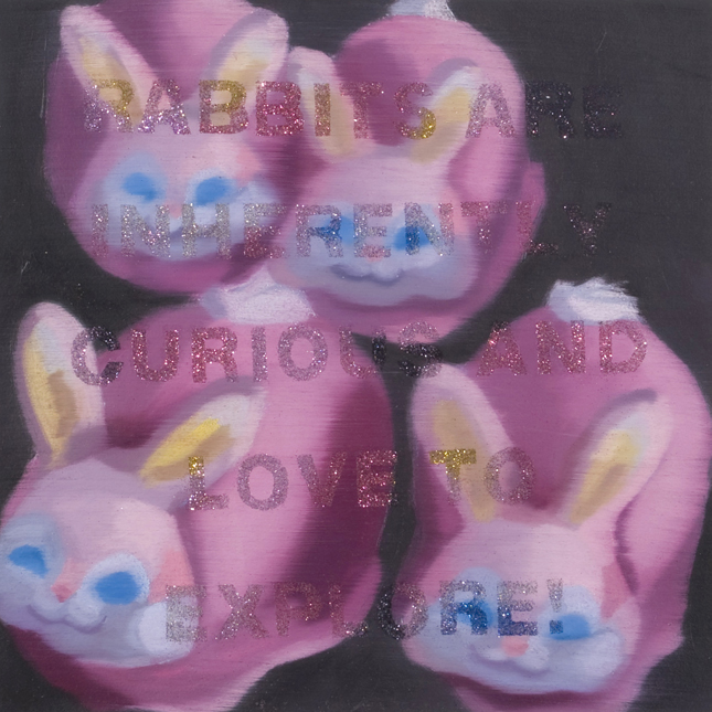 Rabbits are inherently curious and love to explore!, oil and glitter on paper, 10 x 10, 2010