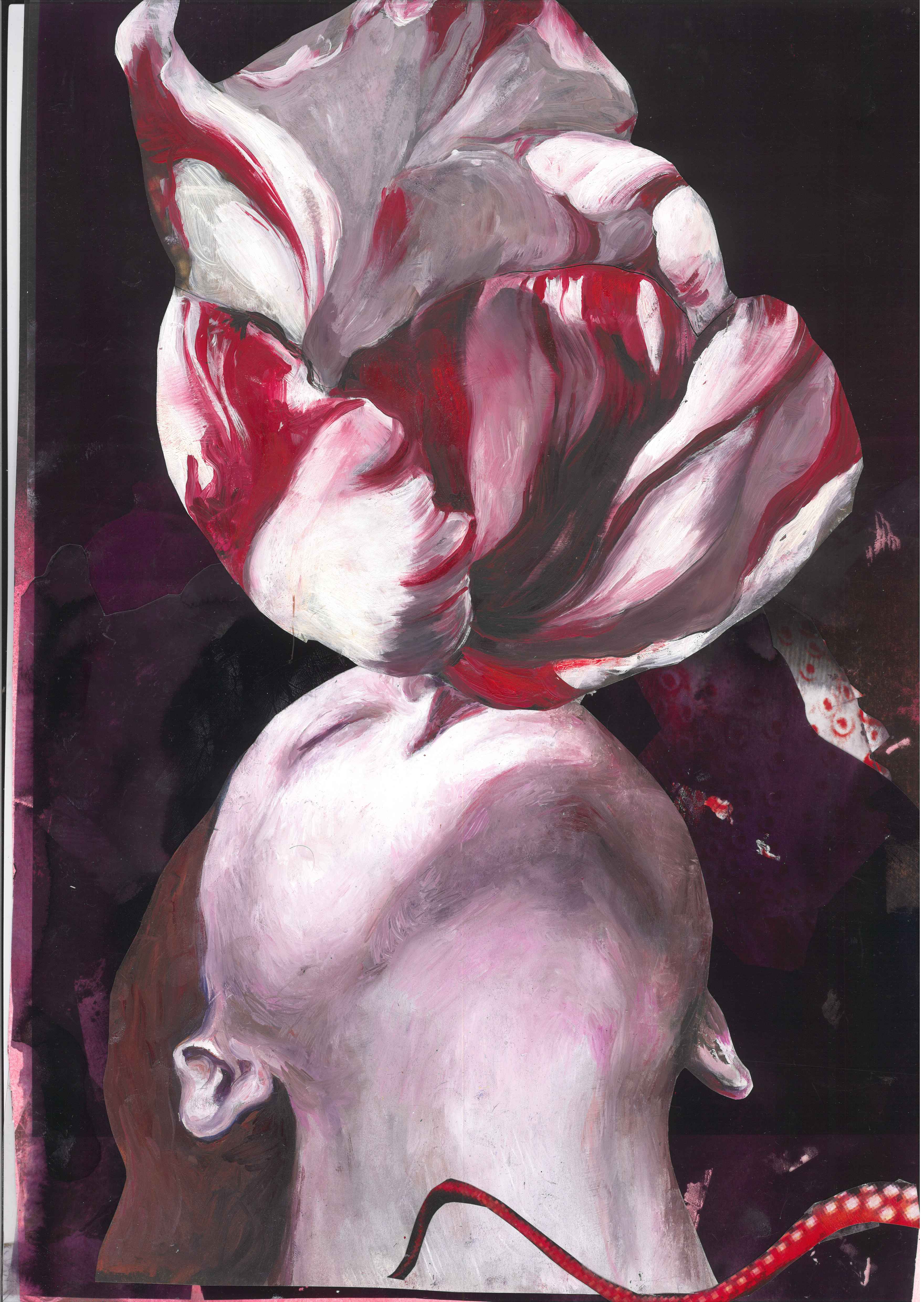 Ophelia #10 (Work in progress)Oil paint on paper, collage with photo material and etching, 28 x 44cmBook project „There is a willow grows aslant a brook“ Ophelia‘s Death after Shakespeare2022-2023