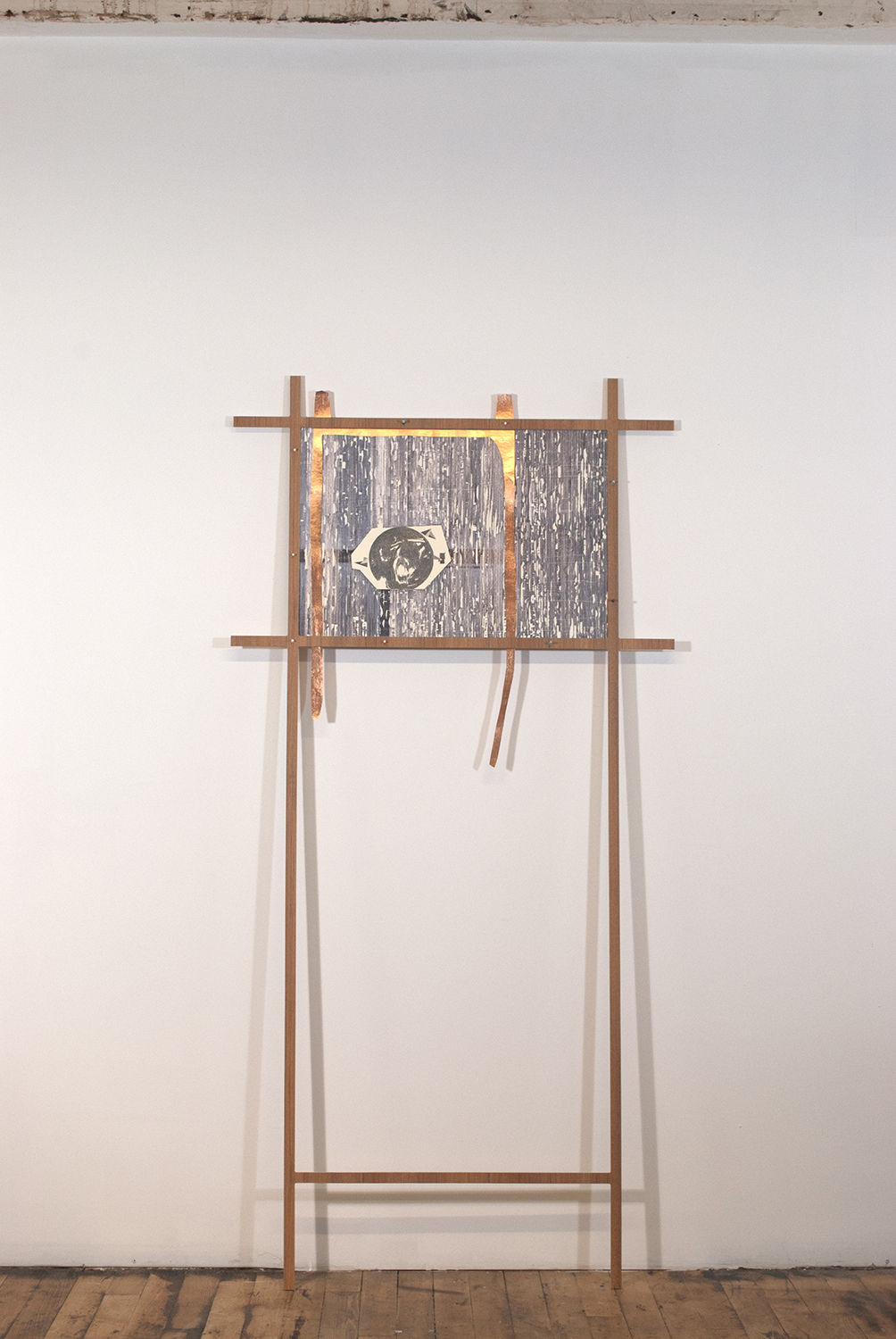 between the lecture and the icons  Ink, graphite, colored pencil and copper leaf on paper. Formica and wood. 2011 - 84 x 41 x 2