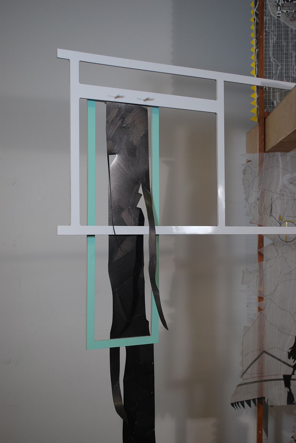 ghost of pj  Ink, graphite, metallic tape, aerosol and gold leaf on paper and mylar. Laminate and wood. Paint and incisions on wall. 2011 - 103 x 40 x 28