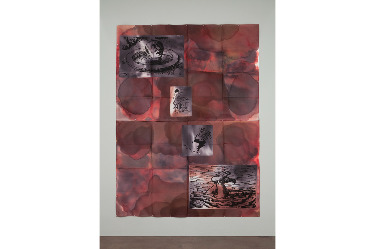 Eugenio DittbornHeráldica, 2003-2004Paint, stitching and photosilkscreen on 2 sections of cotton duck fabric280 x 210 cm