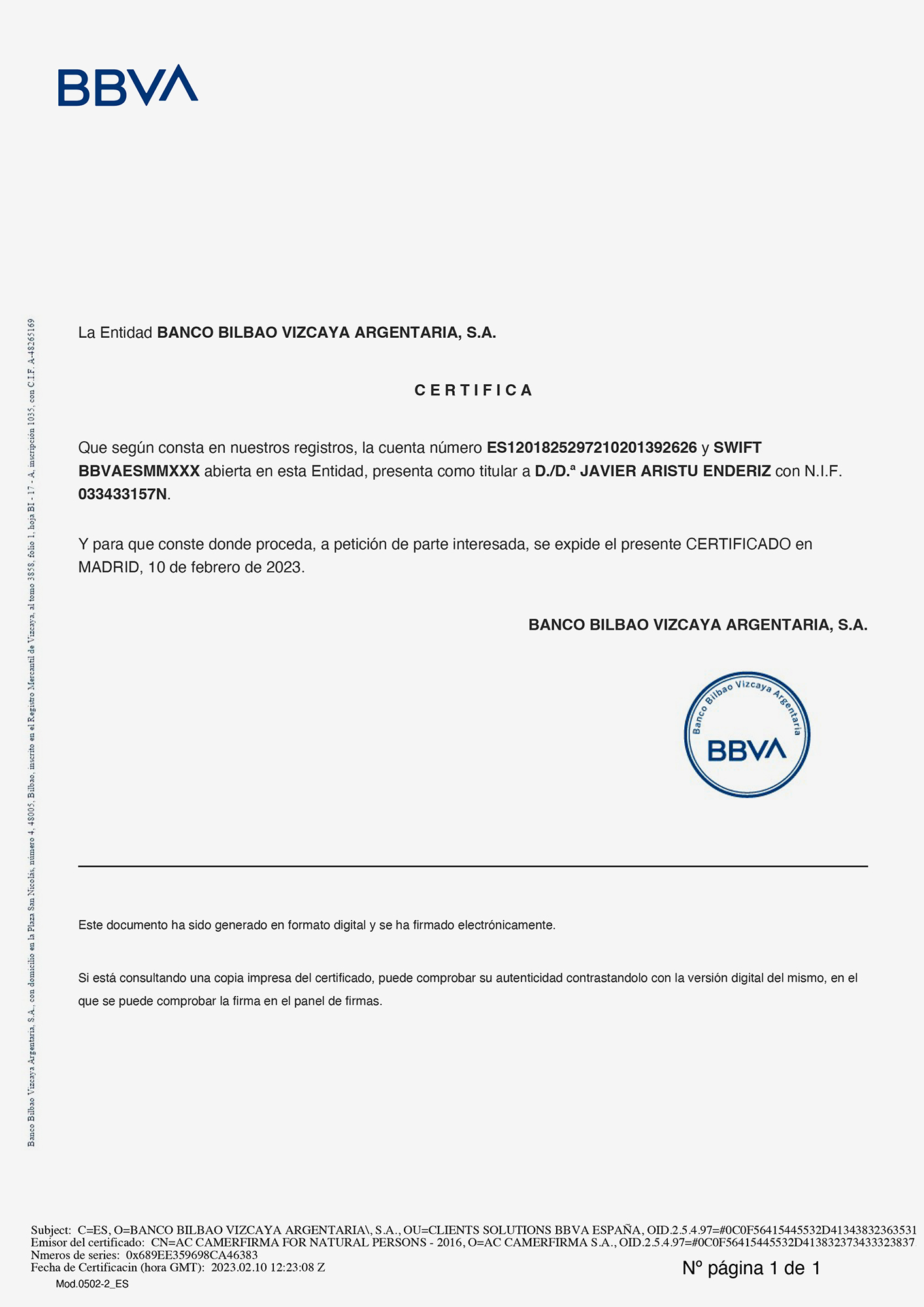 Certificado de titularidad de una cuenta en el banco, Pamplona, 2023