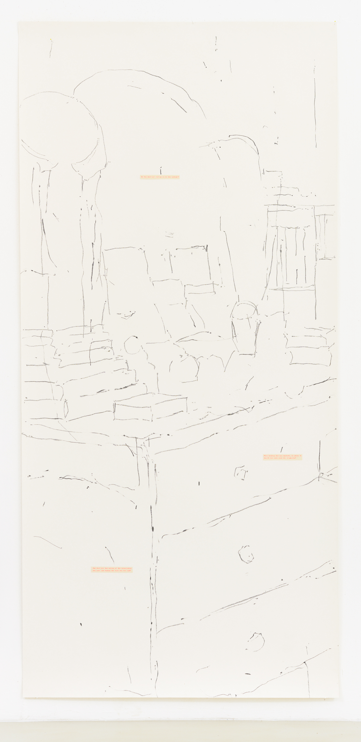 Things Fall Apart - only shadows enter my tent - part 1, 2018 Paper, typed on paper, graphite 235 x 110 cm