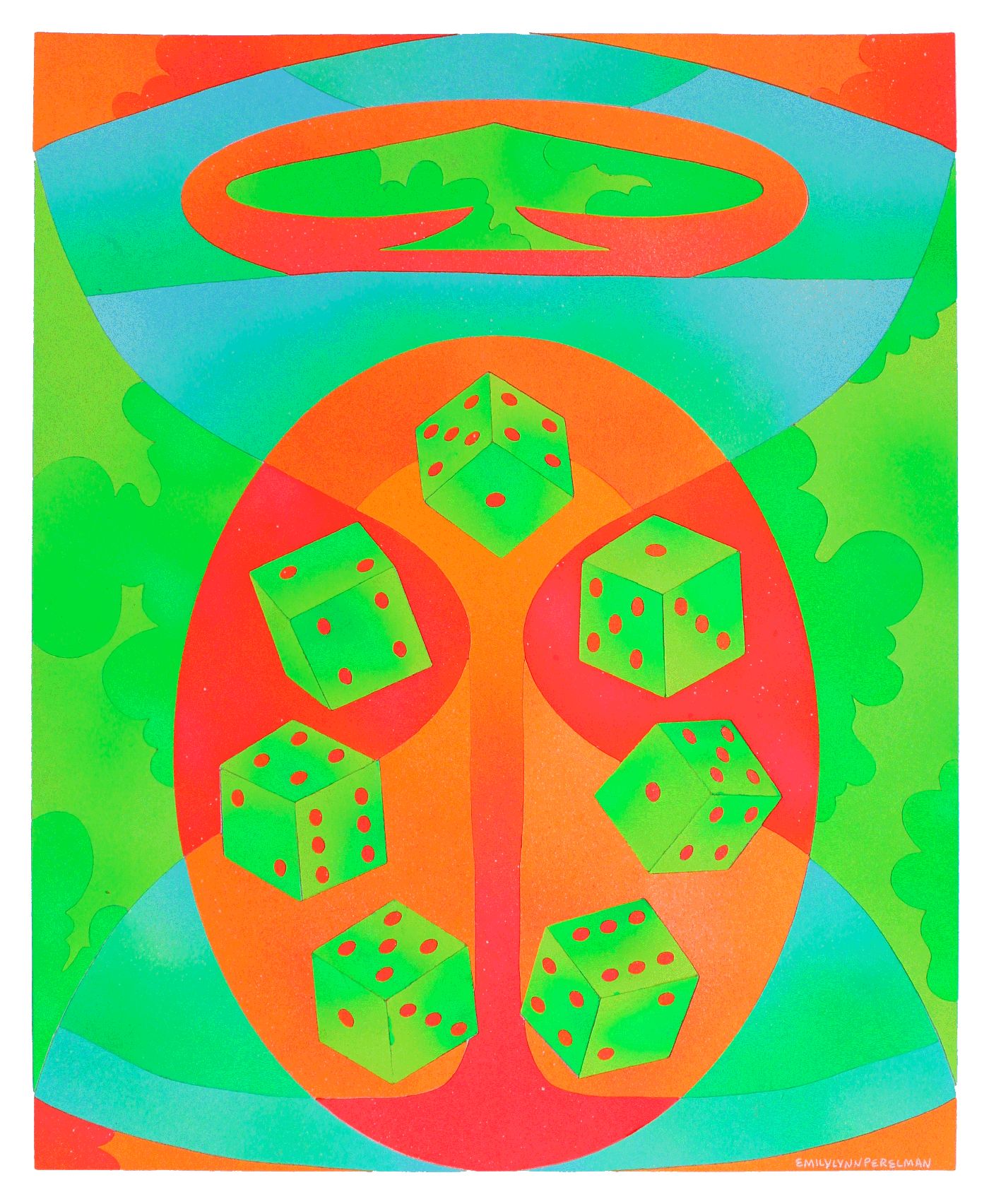 illustration of floating dice in hourglass made with cut paper