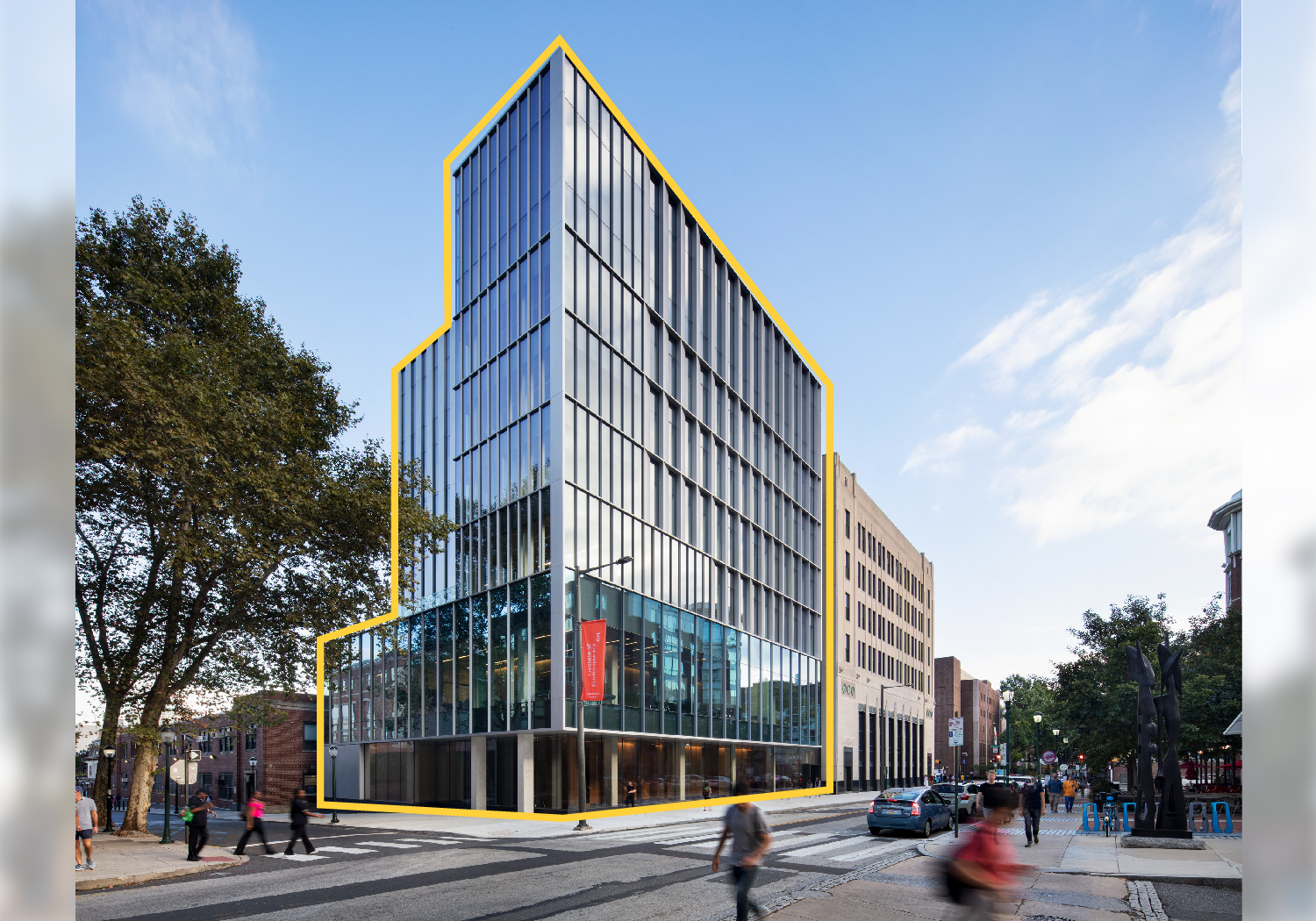 1. Perelman Center for Political Science and Economics. Exterior glass facade on Walnut St. and S. 36th St. (Note: Google street view does not show the remodeled facade)