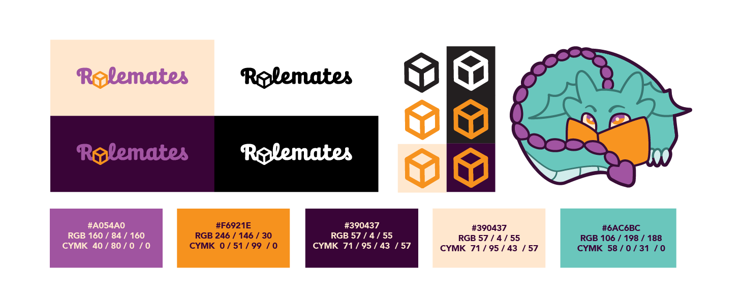 Four different versions of the logo are displayed on different coloured backgrounds. Beside is the standalone dice logo on different backgrounds. Beside that is the blue dragon mascot commonly featured throughout the project. Below is a row of five colours (purple, orange, dark purple, cream, and blue) with the colour codes.