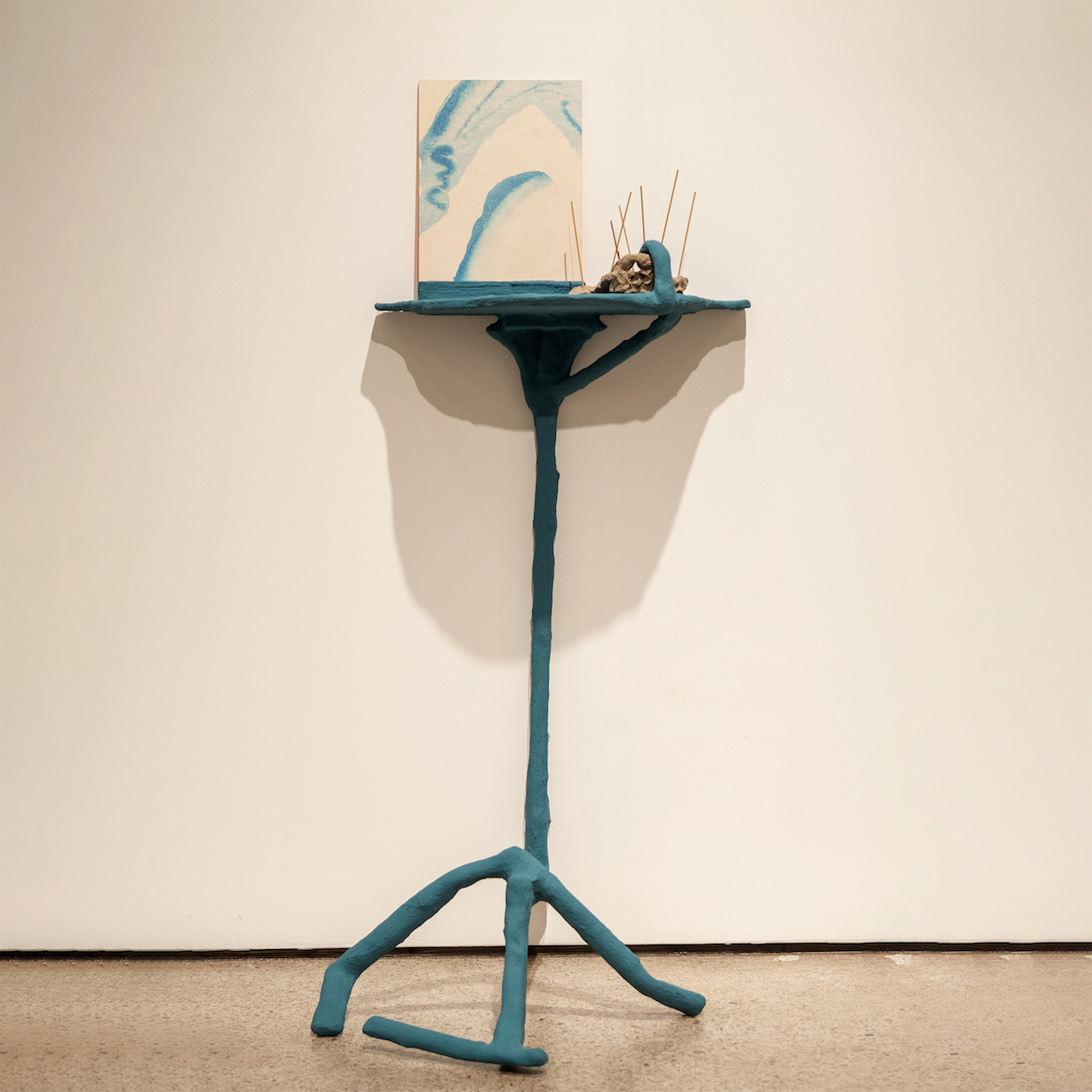 Small side-table for mothers who can’t get back to sleep, 46 x 19.5 x 22.5 inches, Wood, metal, aqua resin, fiberglass, ceramics, woodblock print, watercolor, paint, incense, 2019
