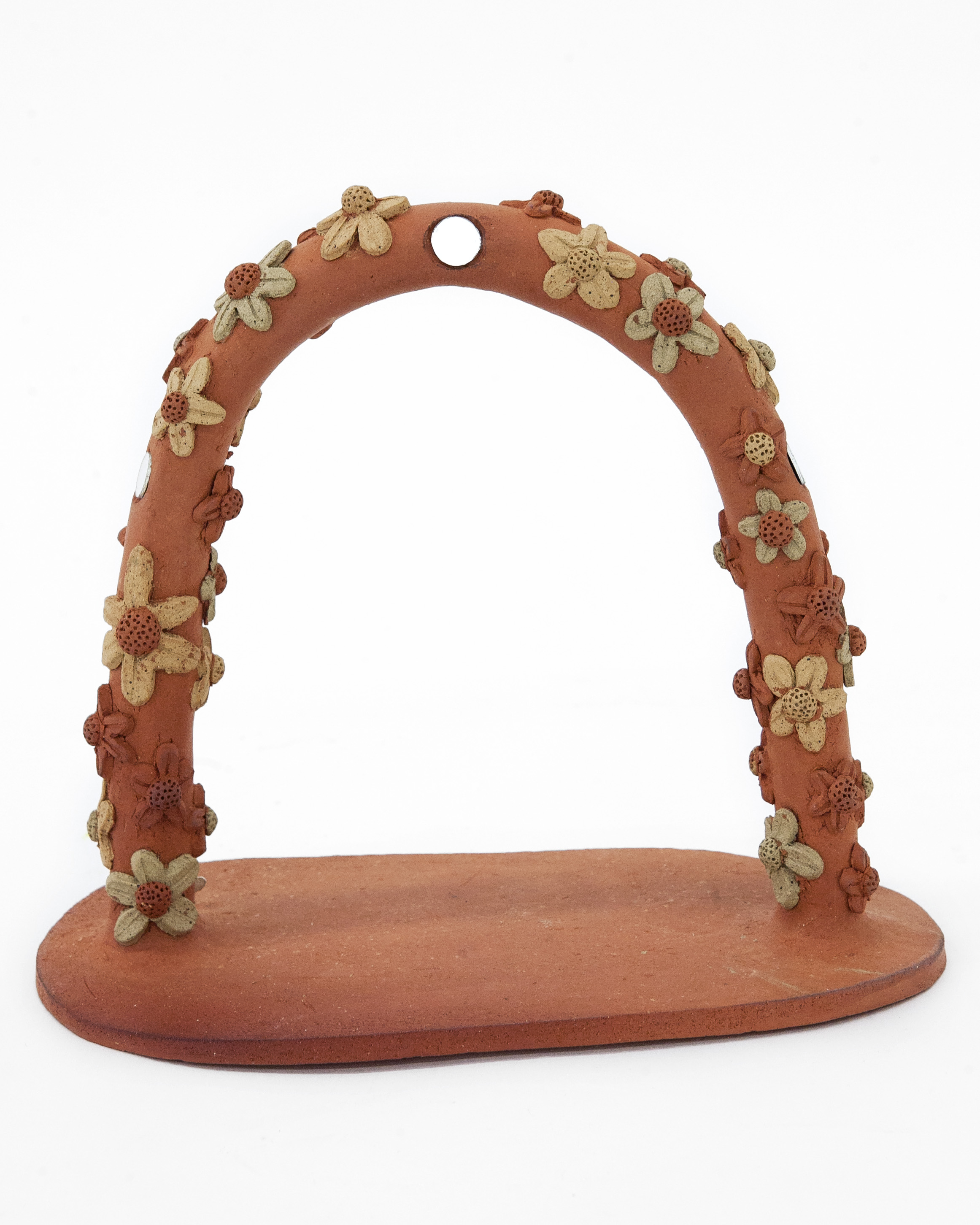 "Puente #2”, stoneware, pewter milagros and mirrors, 8" x 9.5" x 5", 2020
