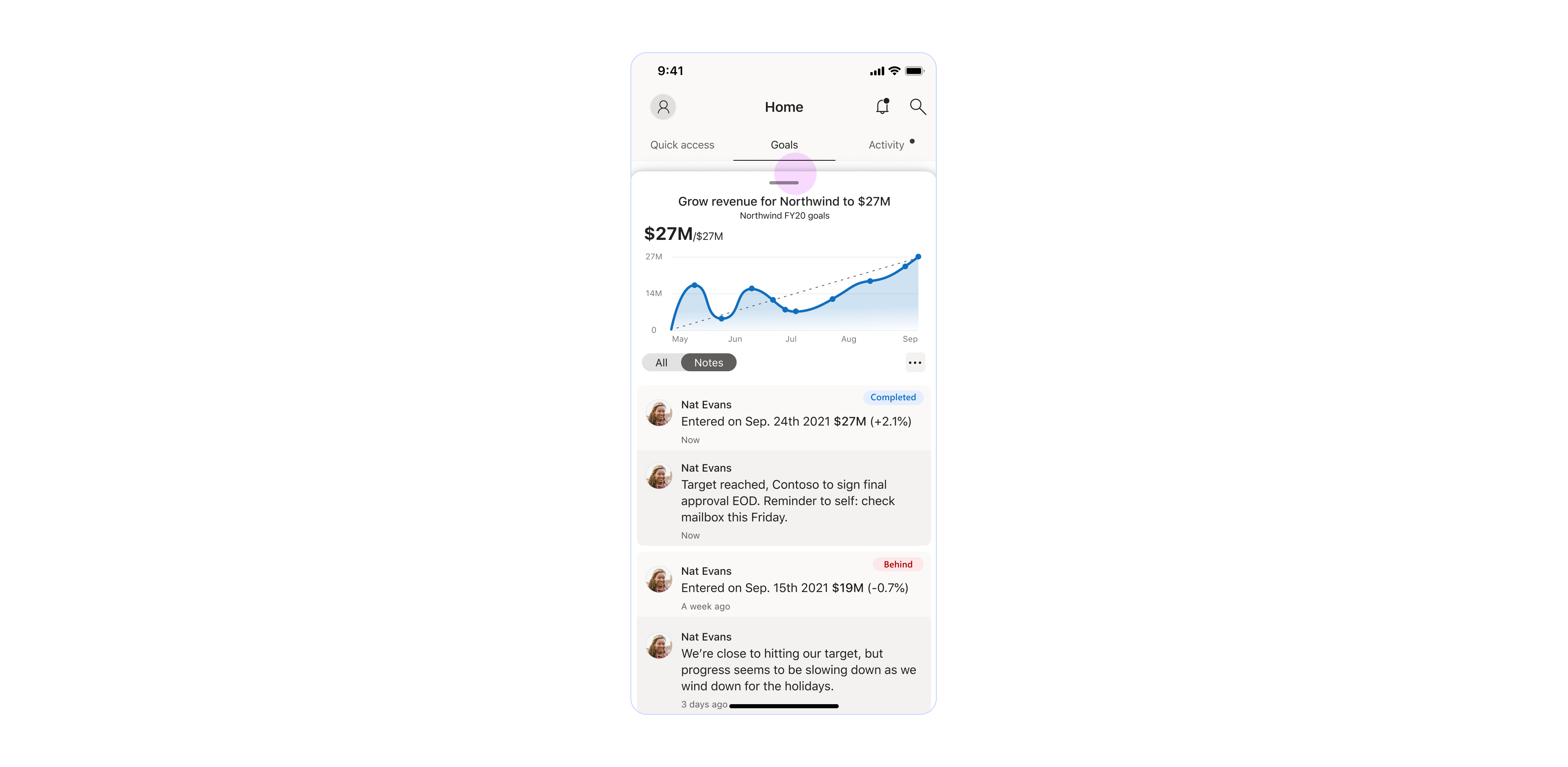 Tapping outside of the panel, exits the details pane back to the Goals Hub.