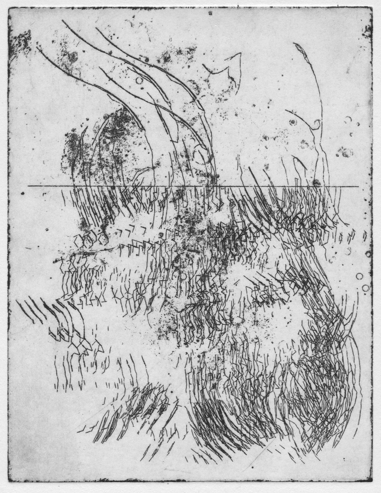 Print example. Alice Morey, Kalvebodløbet (bay): collaborative etching #3 (2021) copper etching on cotton, 13x11cm matrix